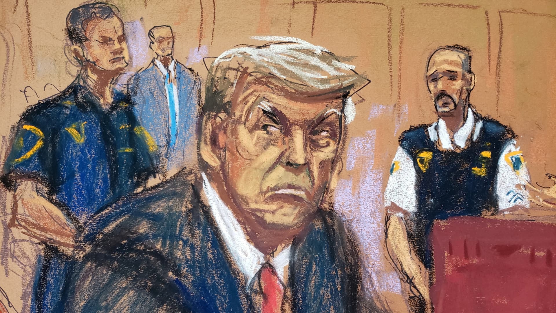 In this courtroom sketch, former U.S. President Donald Trump appears for an arraignment on charges stemming from his indictment by a Manhattan grand jury following a probe into hush money paid to porn star Stormy Daniels, in New York City on April 4, 2023.