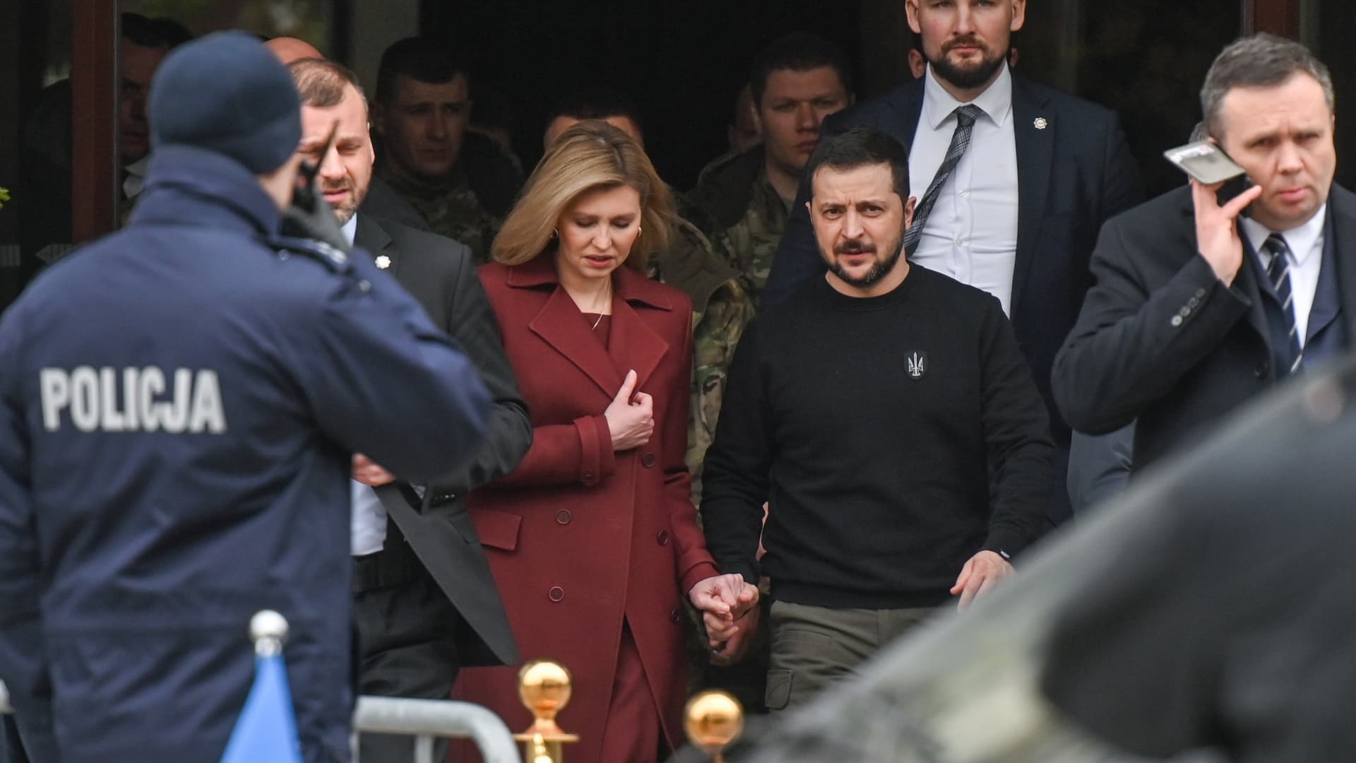 Ukraine's President Volodymyr Zelenskyy and First Lady Olena Zelenska leave Hotel Bristol ahead of the official welcoming ceremony by Polish President Andrzej Duda and First Lady Agata Kornhauser-Duda, at the Presidential Palace, during their one day visit to Poland, on April 05, 2023, in Warsaw, Poland.