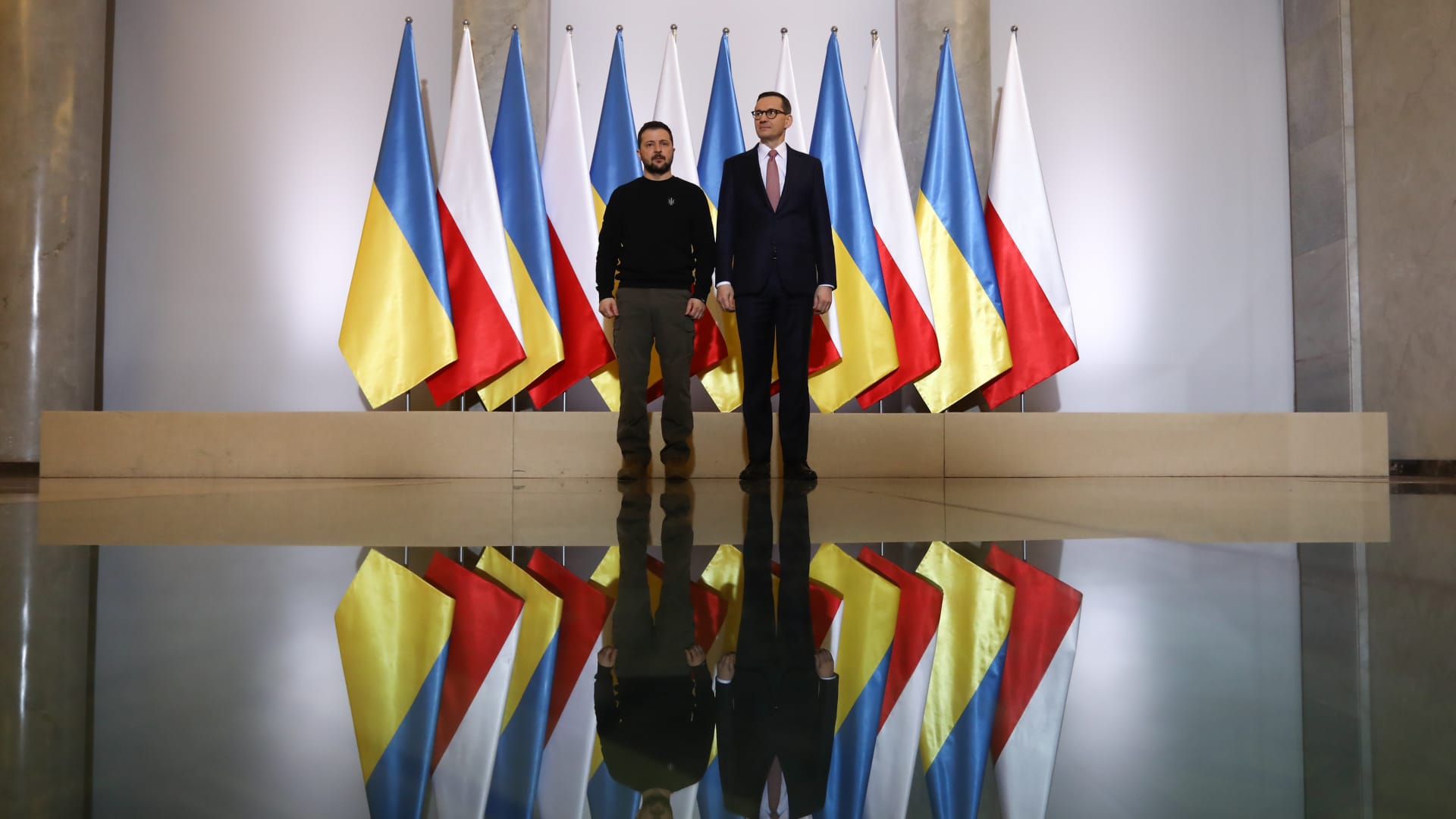 President of Ukraine Volodymyr Zelensky and Prime Minister of Poland Mateusz Morawiecki during their meeting in Warsaw, Poland on April 5, 2023.