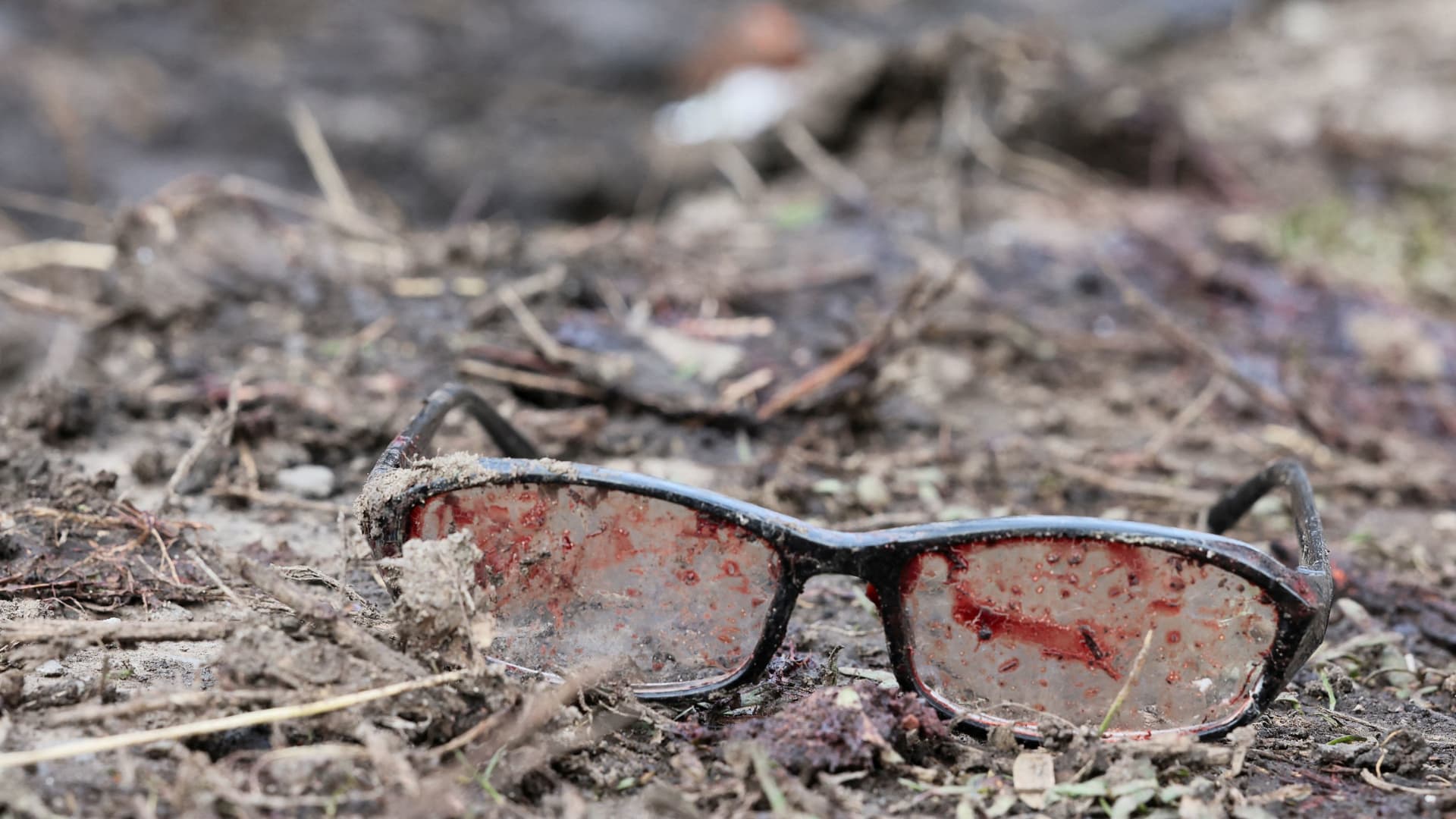 A view shows a pair of glasses with blood on them, in the aftermath of deadly shelling of residential buildings, as Russia's invasion of Ukraine continues, in Kostiantynivka, Ukraine, April 2, 2023. 