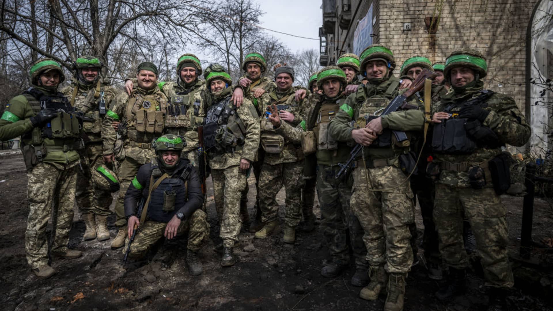 Ukrainian soldiers pose amid Russia-Ukraine war on the frontline of Donetsk Oblast, Ukraine on March 29, 2023. (Photo by Muhammed Enes Yildirim/Anadolu Agency via Getty Images)