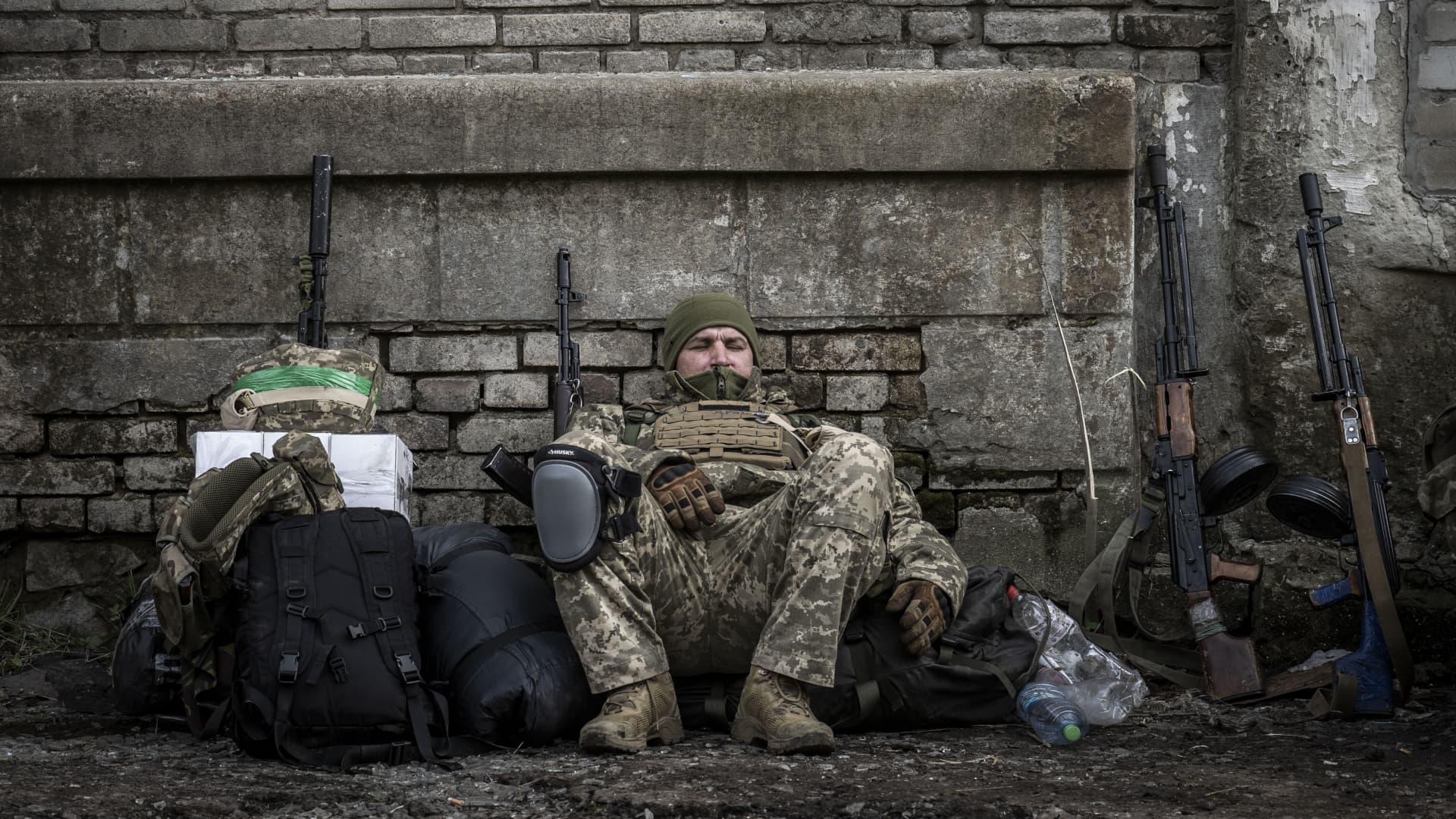 A Ukrainian soldier takes a rest amid Russia-Ukraine war on the frontline of Donetsk Oblast, Ukraine on March 29, 2023. 
