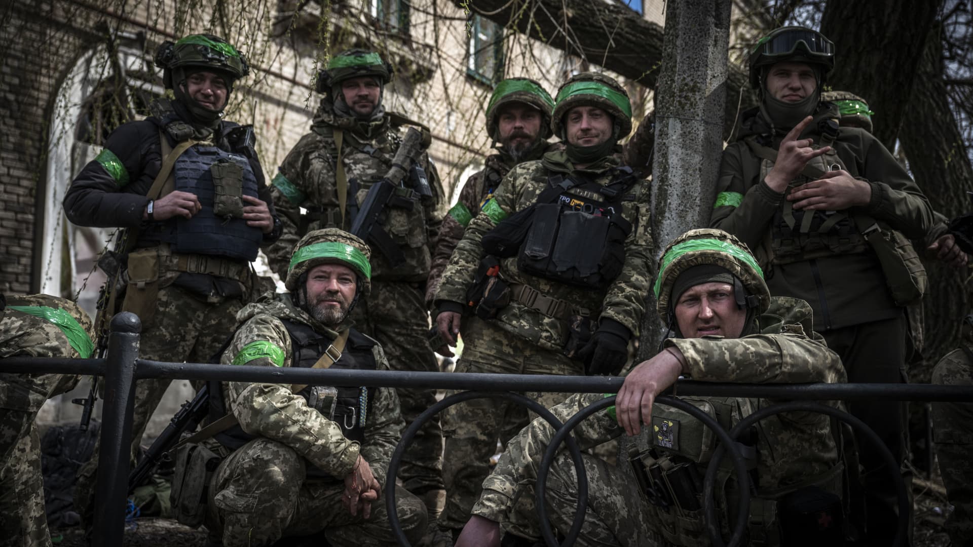 Ukrainian soldiers pose amid Russia-Ukraine war on the frontline of Donetsk Oblast, Ukraine on March 29, 2023. 