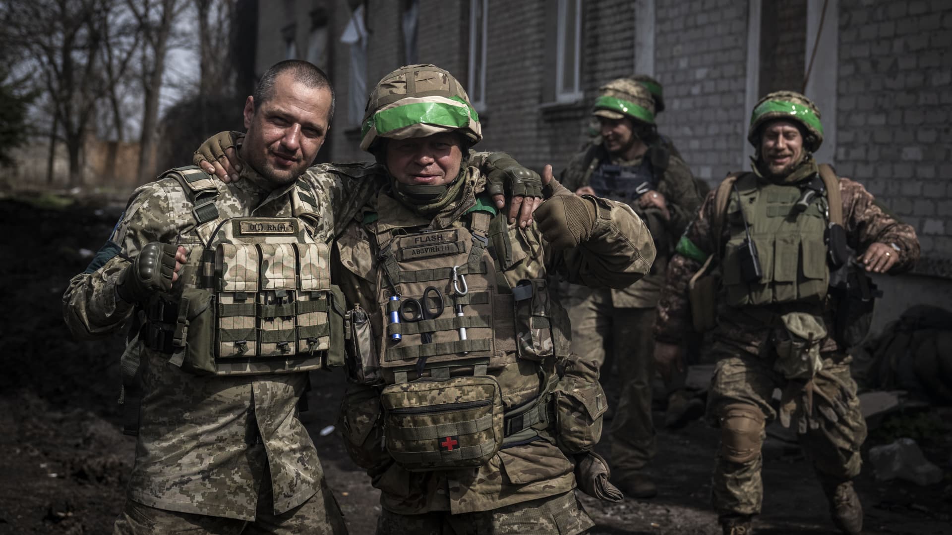 Ukrainian soldiers pose amid Russia-Ukraine war on the frontline of Donetsk Oblast, Ukraine on March 29, 2023. 
