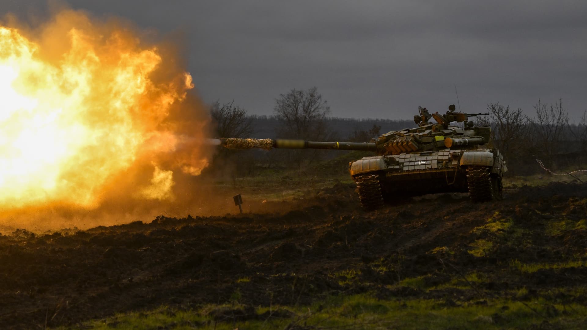 (EDITORS NOTE: The tank number has been blurred) A Ukrainian tank performs during firing practice amid Russia-Ukraine war on the frontline of Donetsk Oblast, Ukraine on March 29, 2023. 