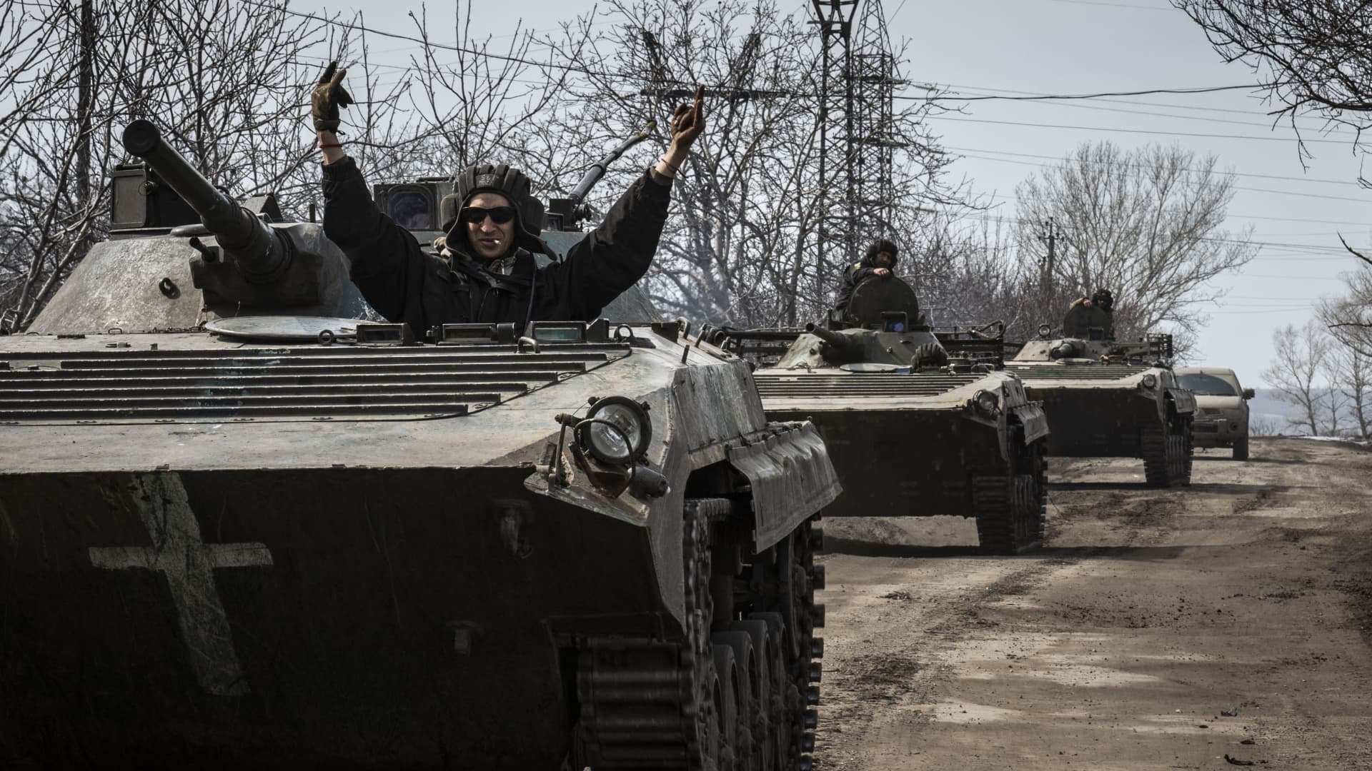 Ukrainian soldiers drive a tank amid Russia-Ukraine war on the frontline of Donetsk Oblast, Ukraine on March 29, 2023. 