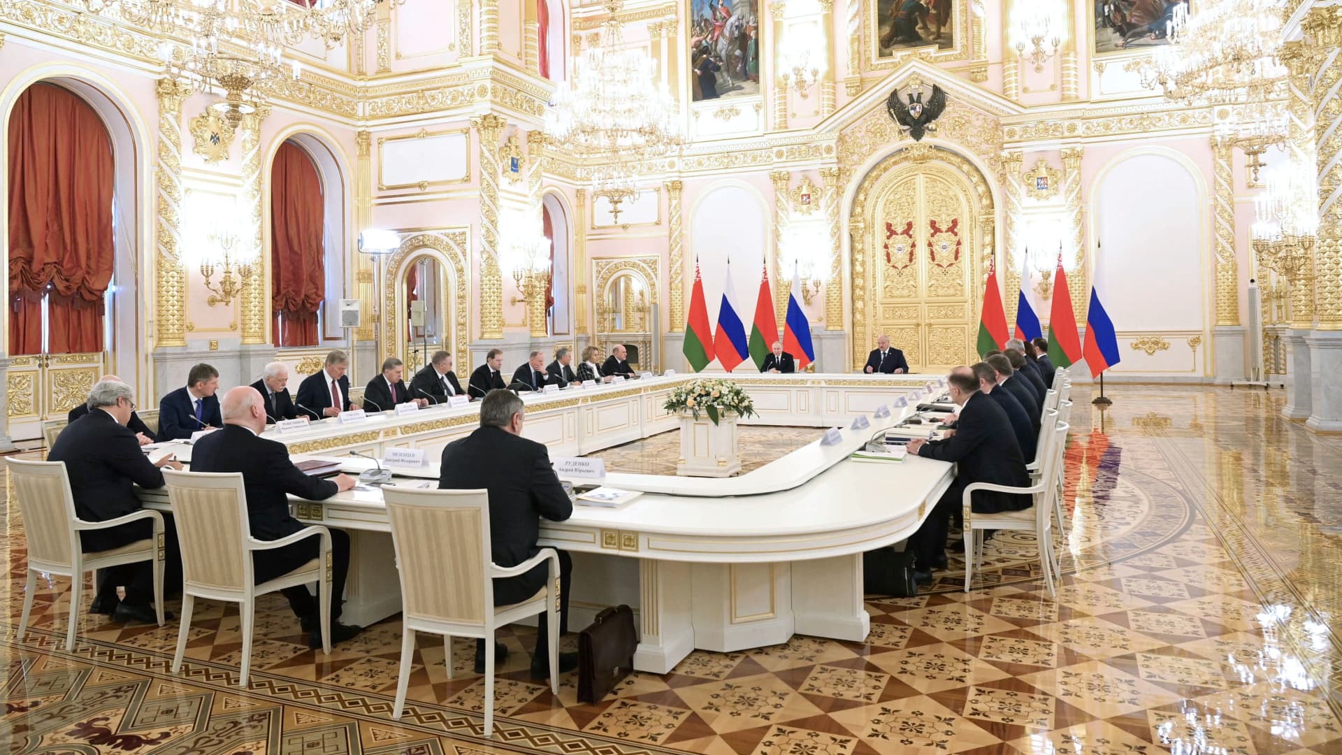 Russian President Vladimir Putin and Belarusian President Alexander Lukashenko attend a meeting of the Supreme State Council of the Union State of Russia and Belarus at the Kremlin in Moscow, Russia April 6, 2023. 