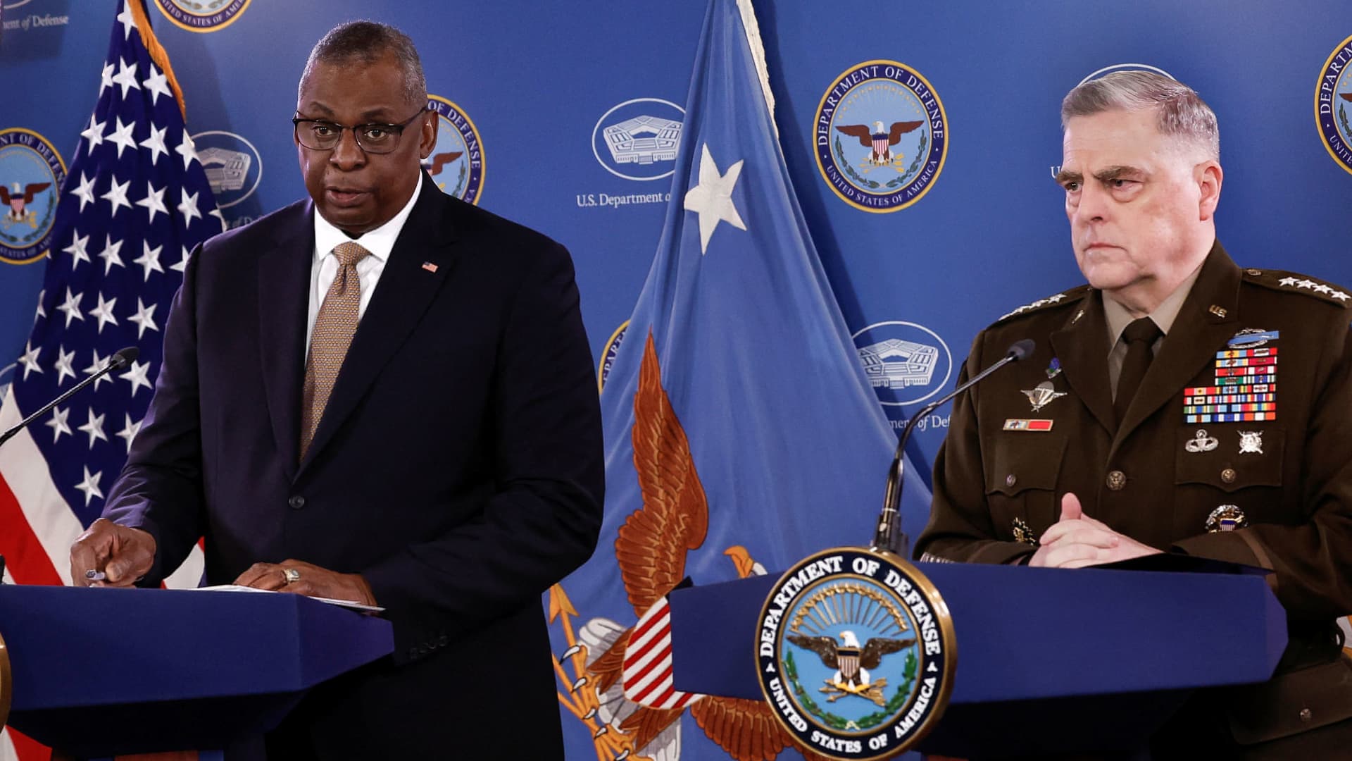 U.S. Defense Secretary Lloyd Austin and U.S. Chairman of the Joint Chiefs of Staff Mark Milley hold a news conference following a virtual Ukraine Defense Contact Group meeting, at the Pentagon in Washington, U.S., March 15, 2023. 