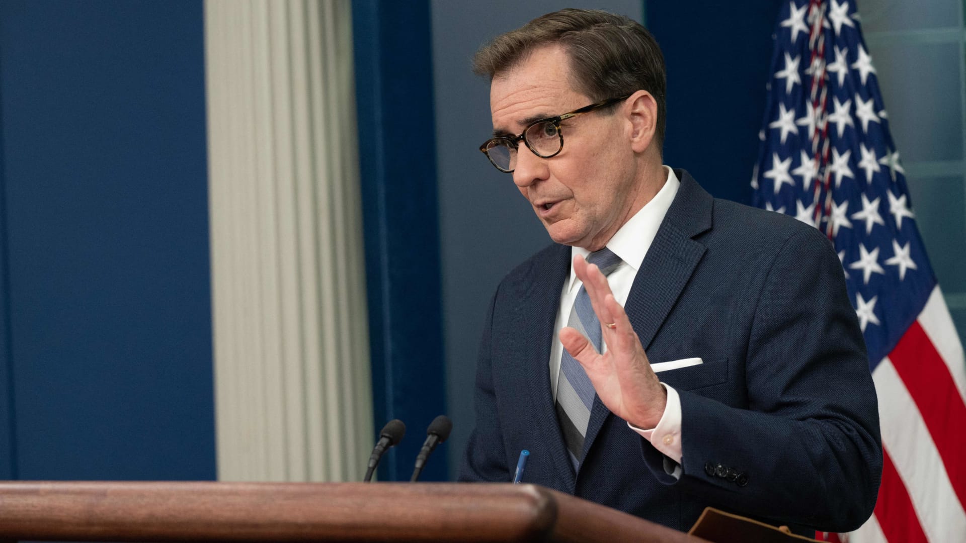 Coordinator for Strategic Communications at the National Security Council John Kirby speaks during the daily briefing in the Brady Briefing Room of the White House in Washington, DC, on April 10, 2022.