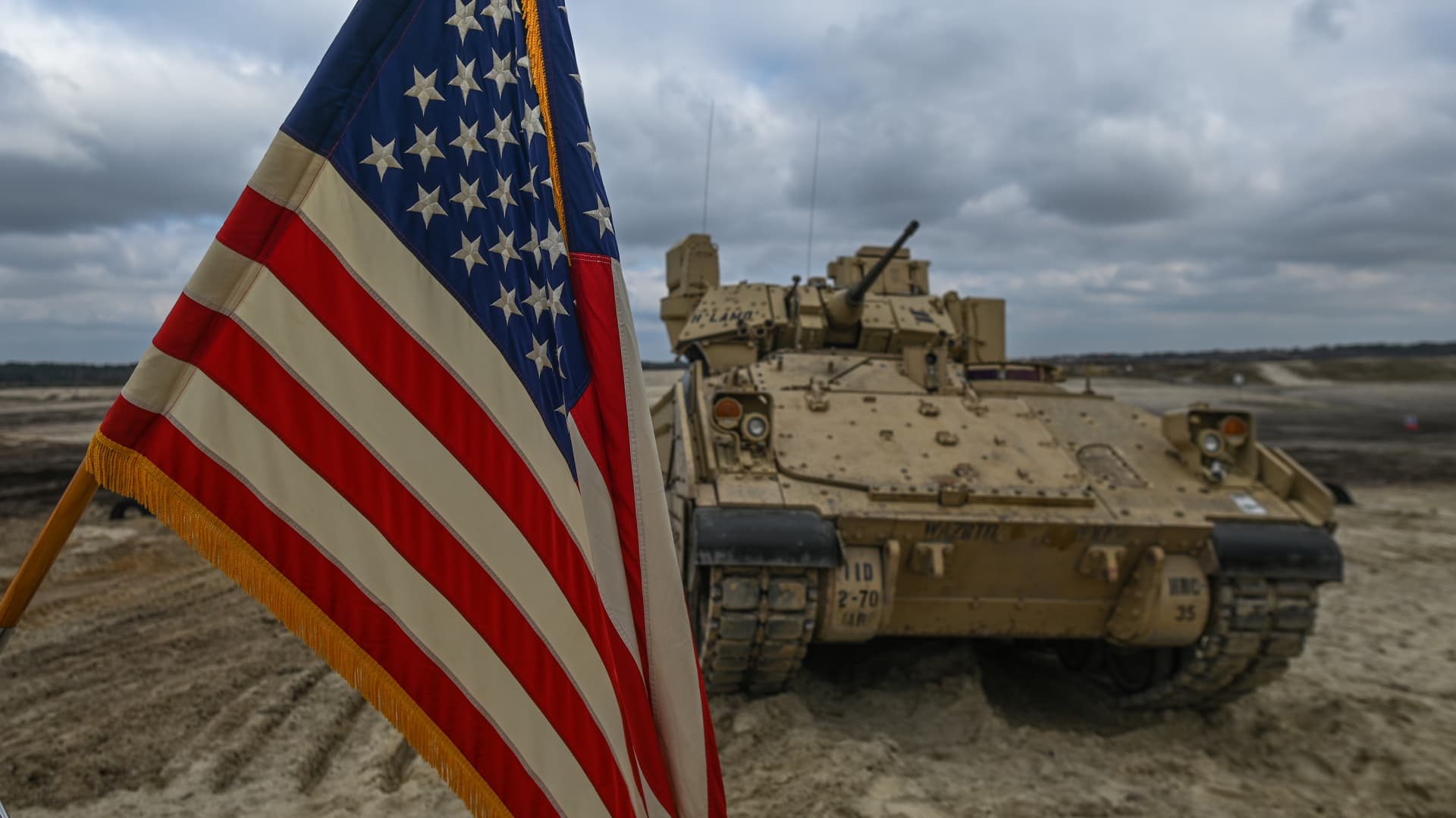 American soldiers of the 2nd Battalion, 70th Armor Regiment, 2nd Armored Brigade Combat Team, 1st Infantry Division supporting the 4th Infantry Division, are seen during a high-intensity training session utilizing Bradley Fighting Vehicle at Nowa DÄba training ground in Nowa Deba, Poland on April 12, 2023.