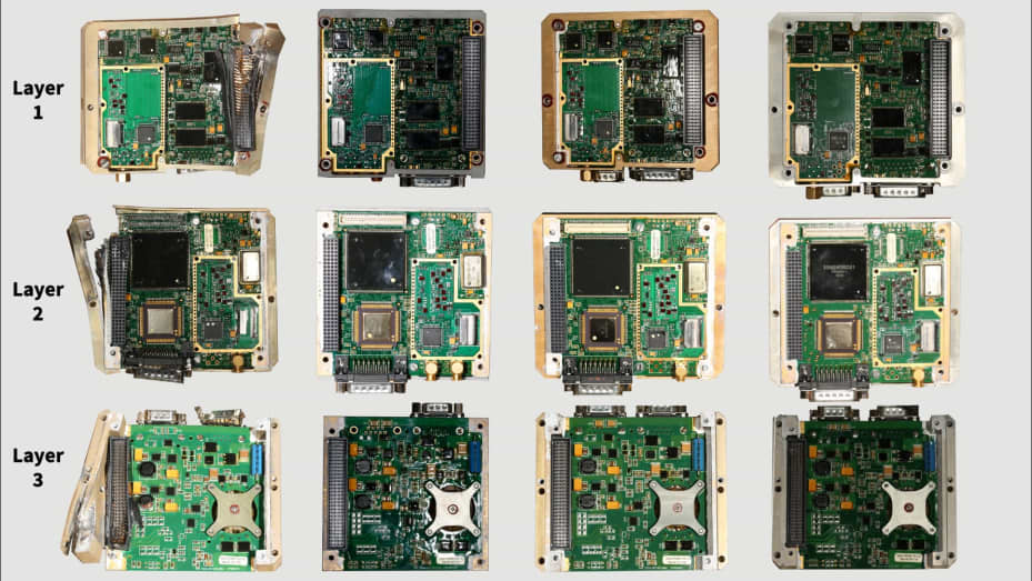 Circuit boards of four different items of Russian military equipment found in Ukraine by Conflict Armament Research investigators.