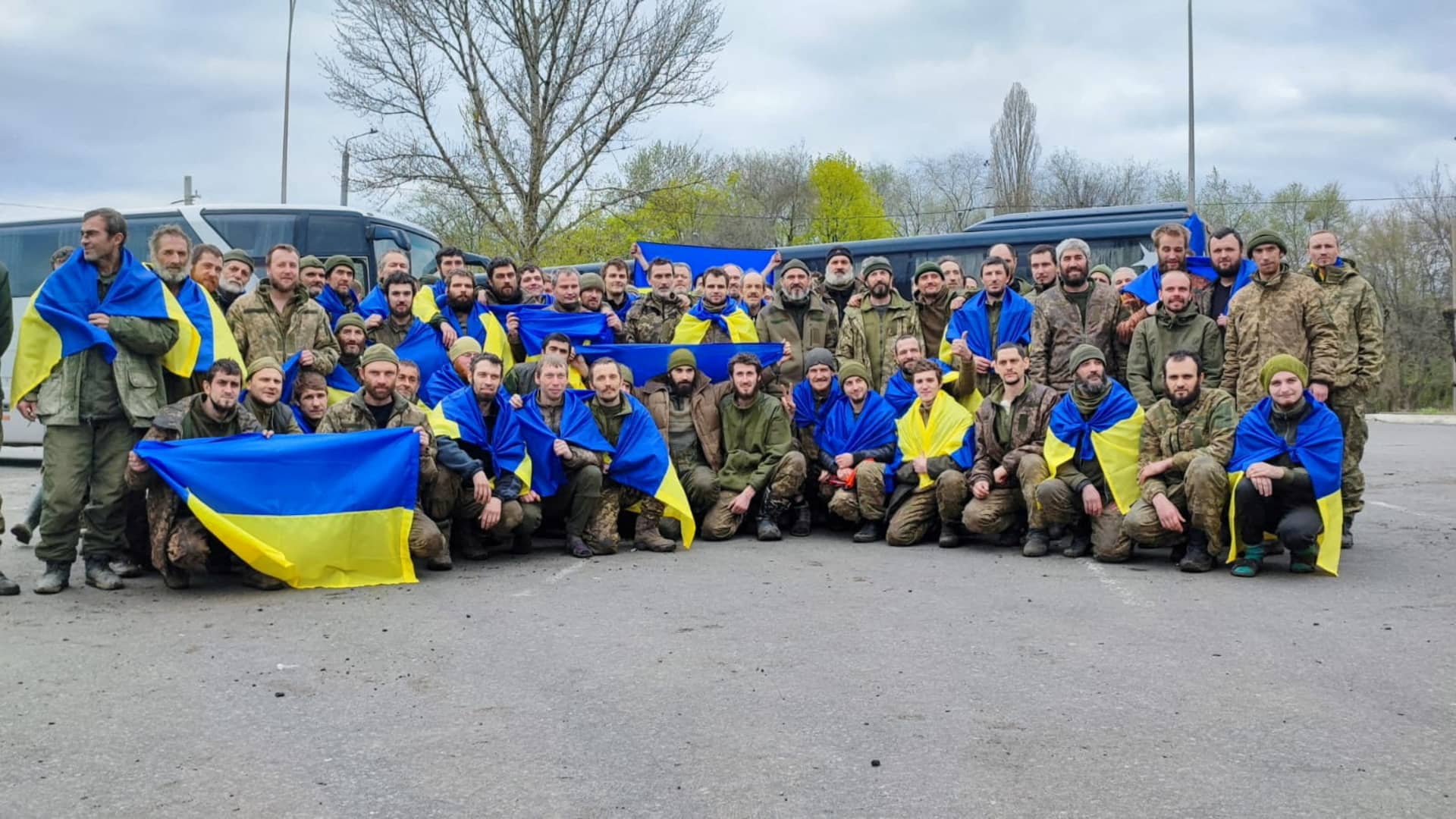 Ukrainian prisoners of war pose for a picture after a swap, amid Russia's attack on Ukraine, at an unknown location, Ukraine. 