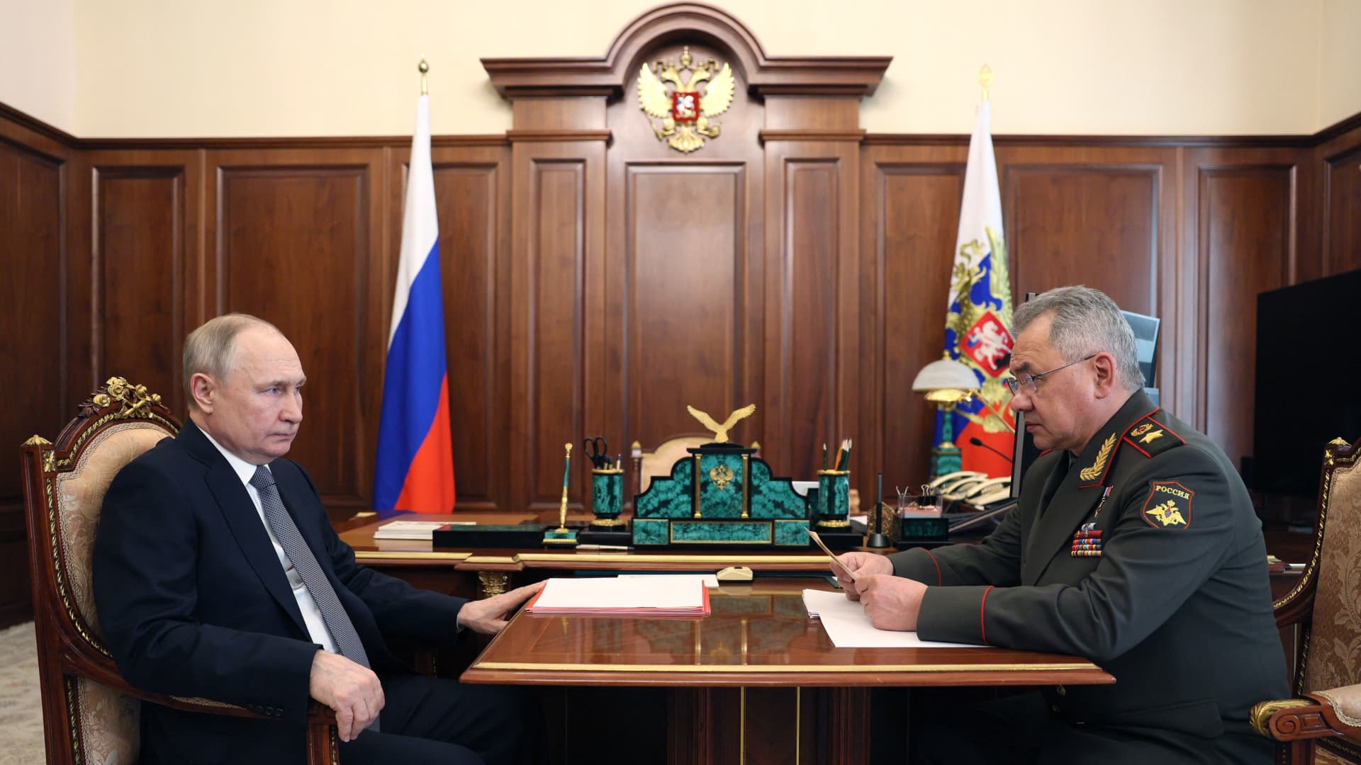Russian President Vladimir Putin meets with Defence Minister Sergei Shoigu in Moscow on April 17, 2023.