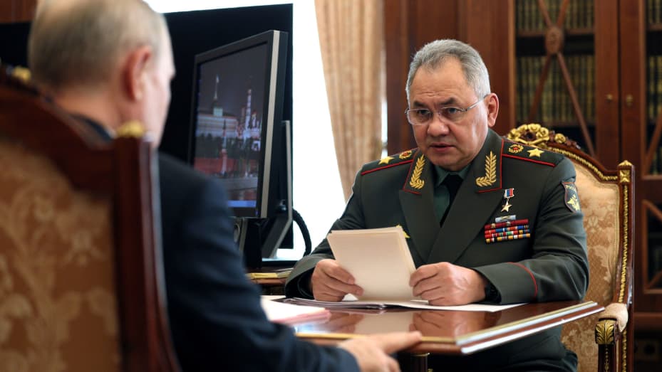 Russian President Vladimir Putin attends a meeting with Defence Minister Sergei Shoigu in Moscow, Russia, April 17, 2023. Sputnik/Gavriil Grigorov/Kremlin via REUTERS ATTENTION EDITORS - THIS IMAGE WAS PROVIDED BY A THIRD PARTY.