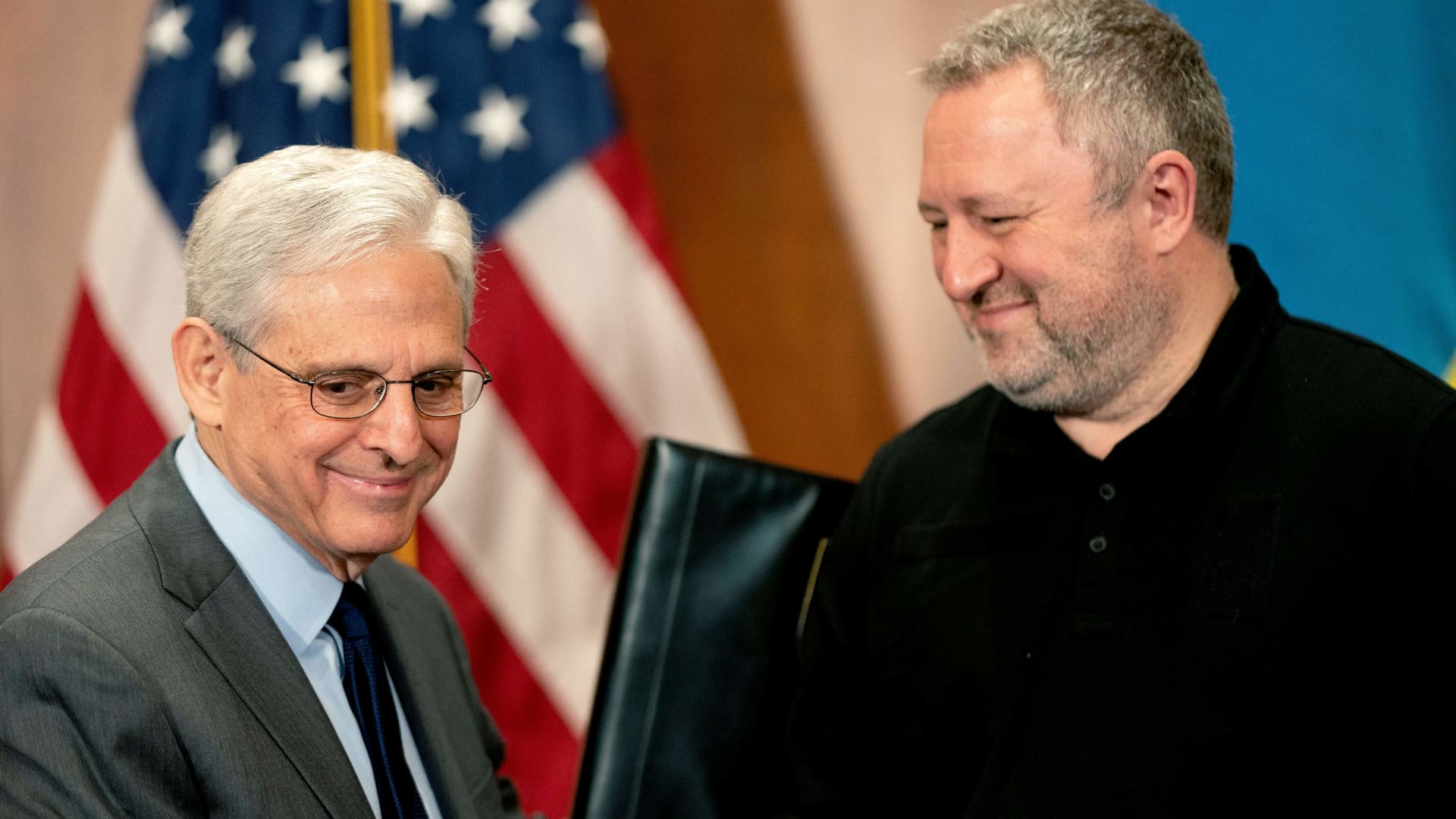 U.S. Attorney General Merrick Garland greets Ukrainian Prosecutor General Andriy Kostin during a meeting at the U.S. Department of Justice in Washington, D.C., on April 17, 2023.