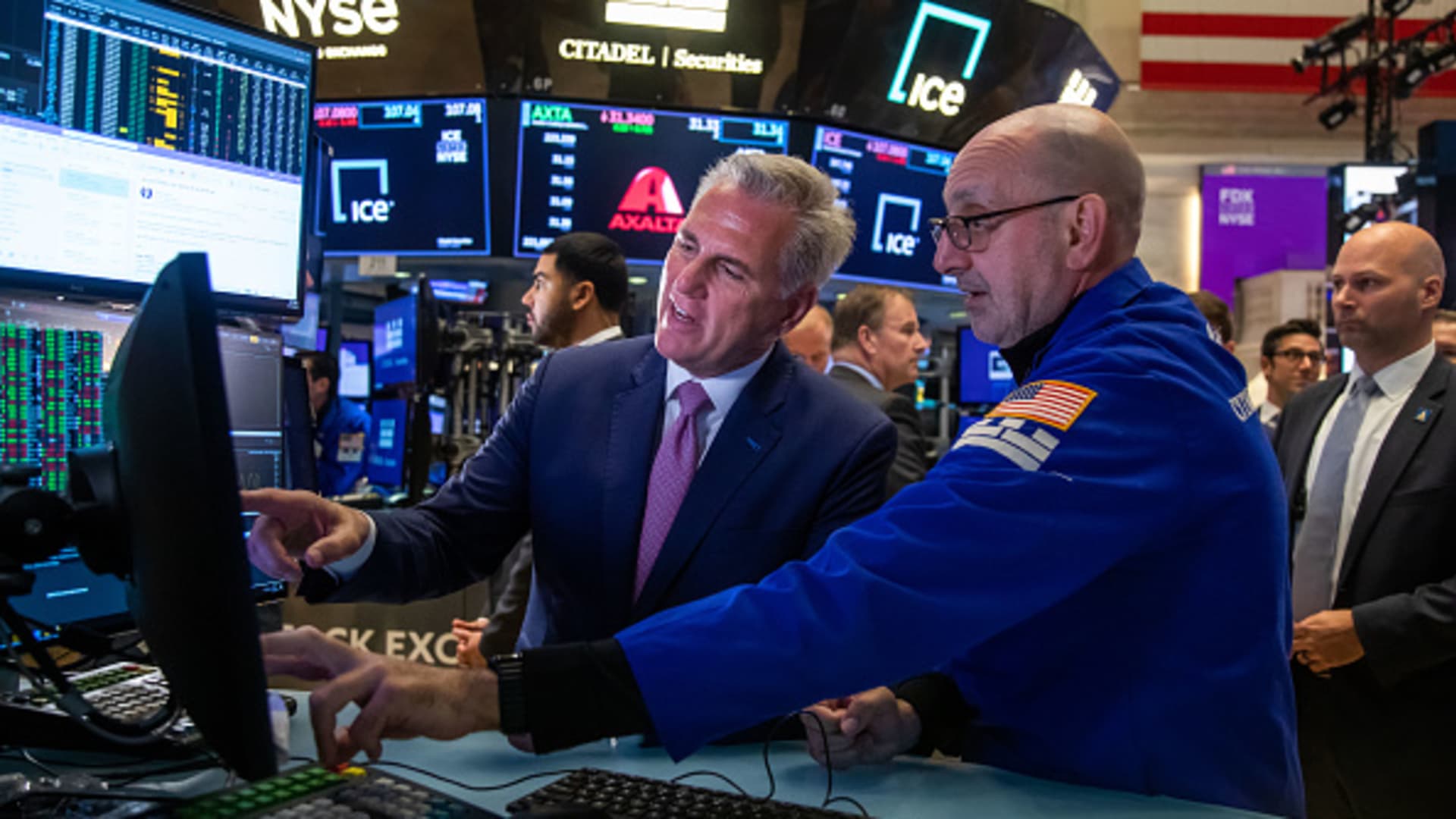 US House Speaker Kevin McCarthy, a Republican from California, center, departs from the New York Stock Exchange (NYSE) in New York, US, on Monday, April 17, 2023. 