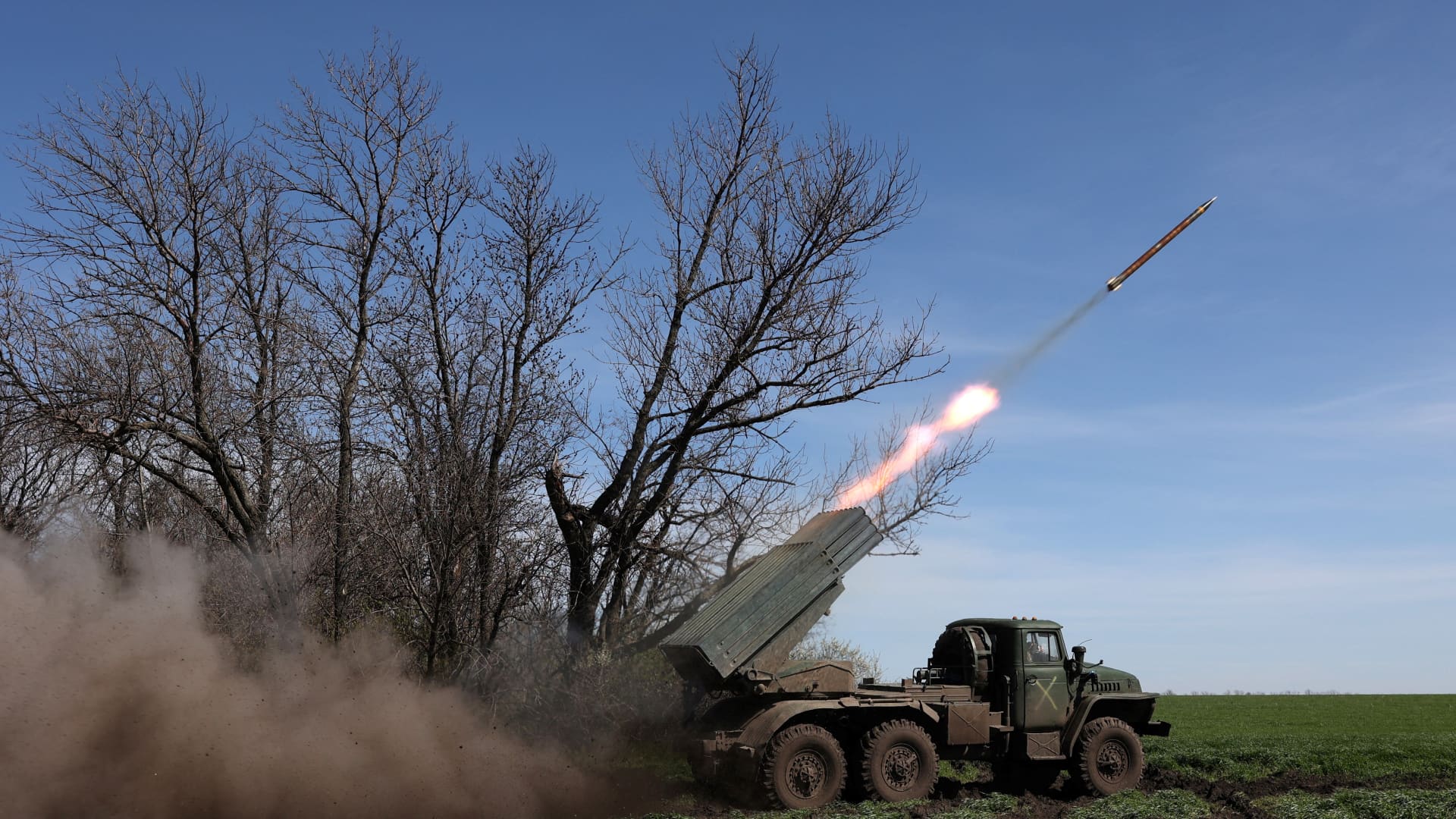 A Ukrainian BM-21 Grad multiple rocket launcher fires towards Russian positions on the front line in Donetsk region on April 17, 2023, amid Russian invasion of Ukraine. 