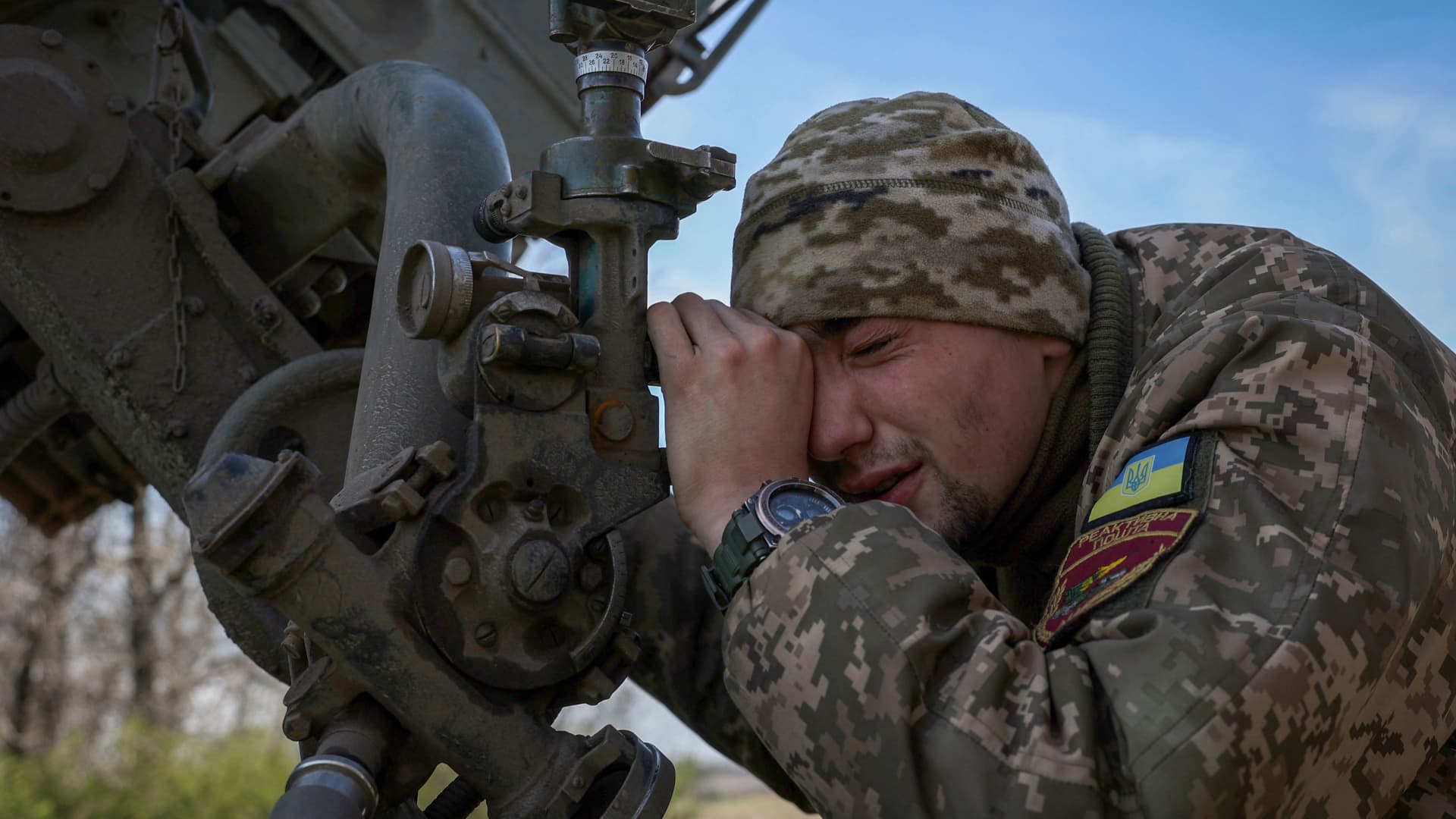 A Ukrainian artilleryman prepares a BM-21 Grad multiple rocket launcher to fire towards Russian positions on the frontline, in Donetsk region on April 17, 2023. 
