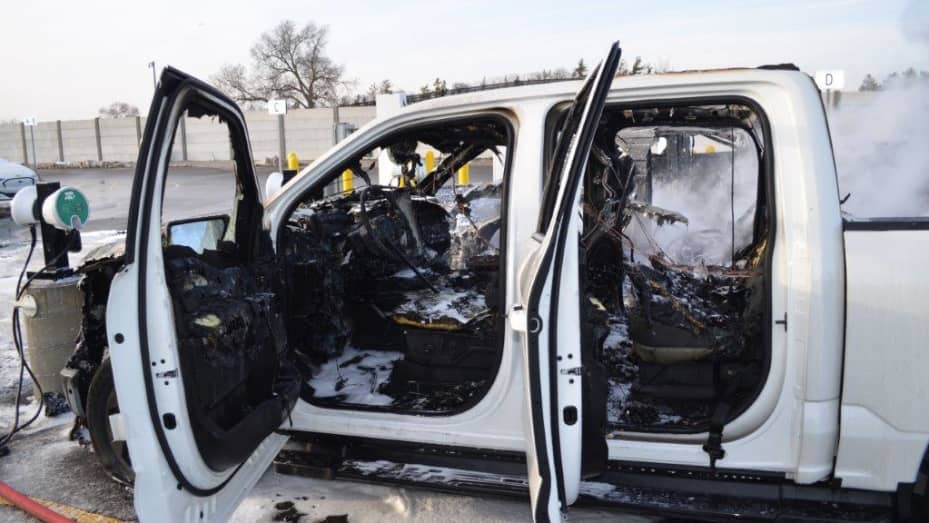 An electric Ford F-150 Lightning caught fire on Feb. 4, 2023 due to a battery issue traced back to one of the automaker's suppliers. The blaze spread to two other electric pickups in a holding lot of Ford's in Dearborn, Michigan.