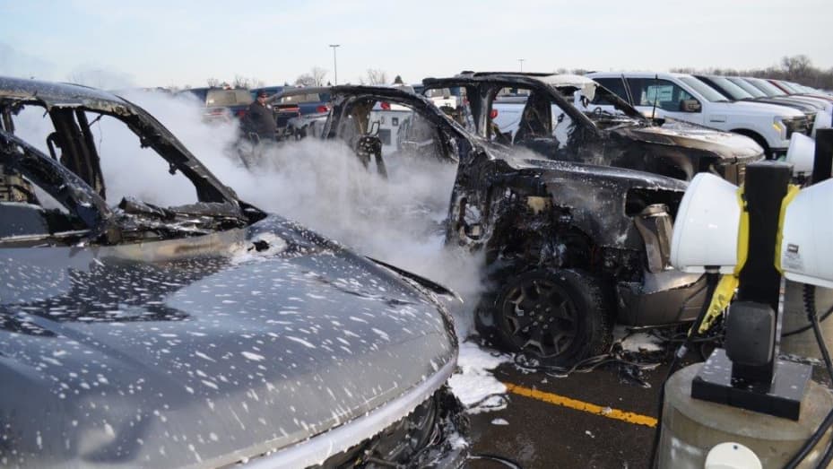 An electric Ford F-150 Lightning caught fire on Feb. 4, 2023 due to a battery issue traced back to one of the automaker's suppliers. The blaze spread to two other electric pickups in a holding lot of Ford's in Dearborn, Michigan.