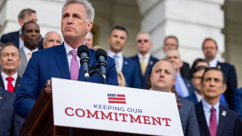 House Speaker Kevin McCarthy (R-CA) speaks at a rally marking the 100th day of Republican control of the House in Washington D.C. on April 17, 2023.