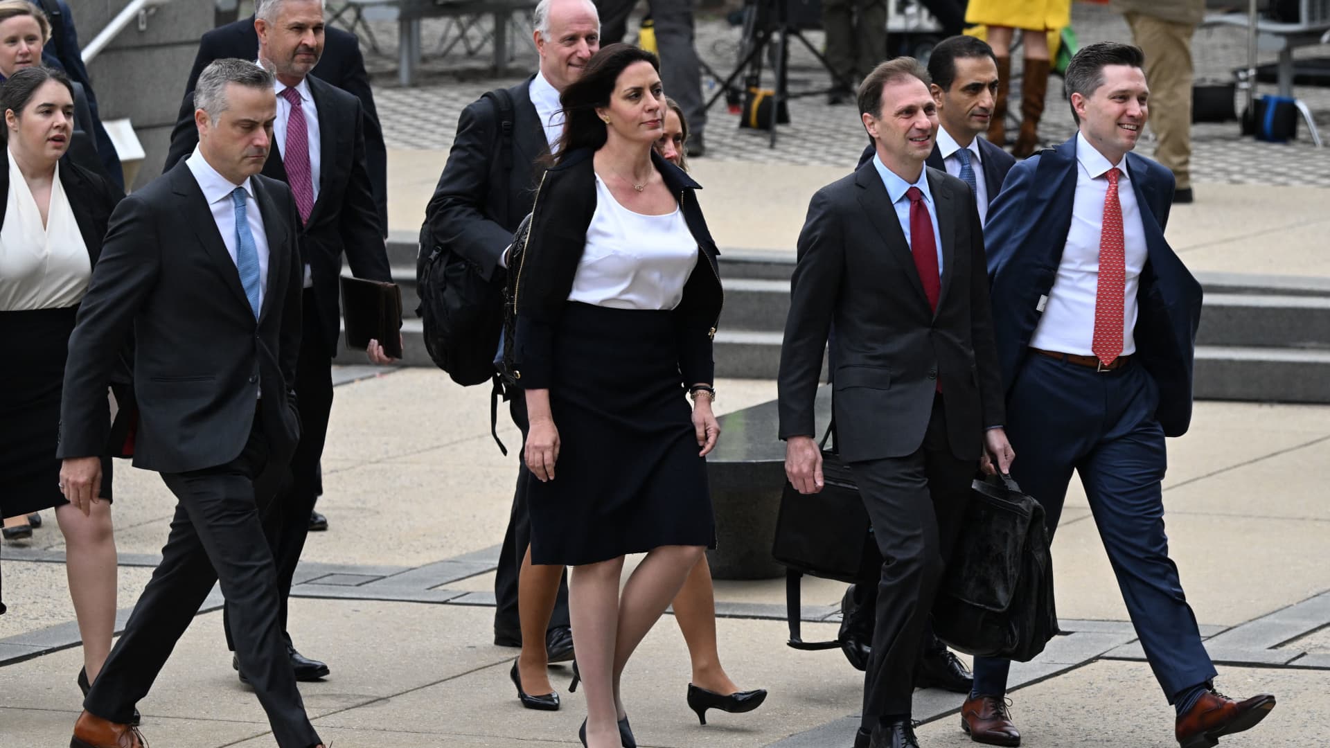 Lawyers for Dominion Voting Systems and their legal team arrive at the Leonard Williams Justice Center where the Dominion Voting Systems defamation trial against FOX News is taking place on April 18, 2023 in Wilmington, Delaware.