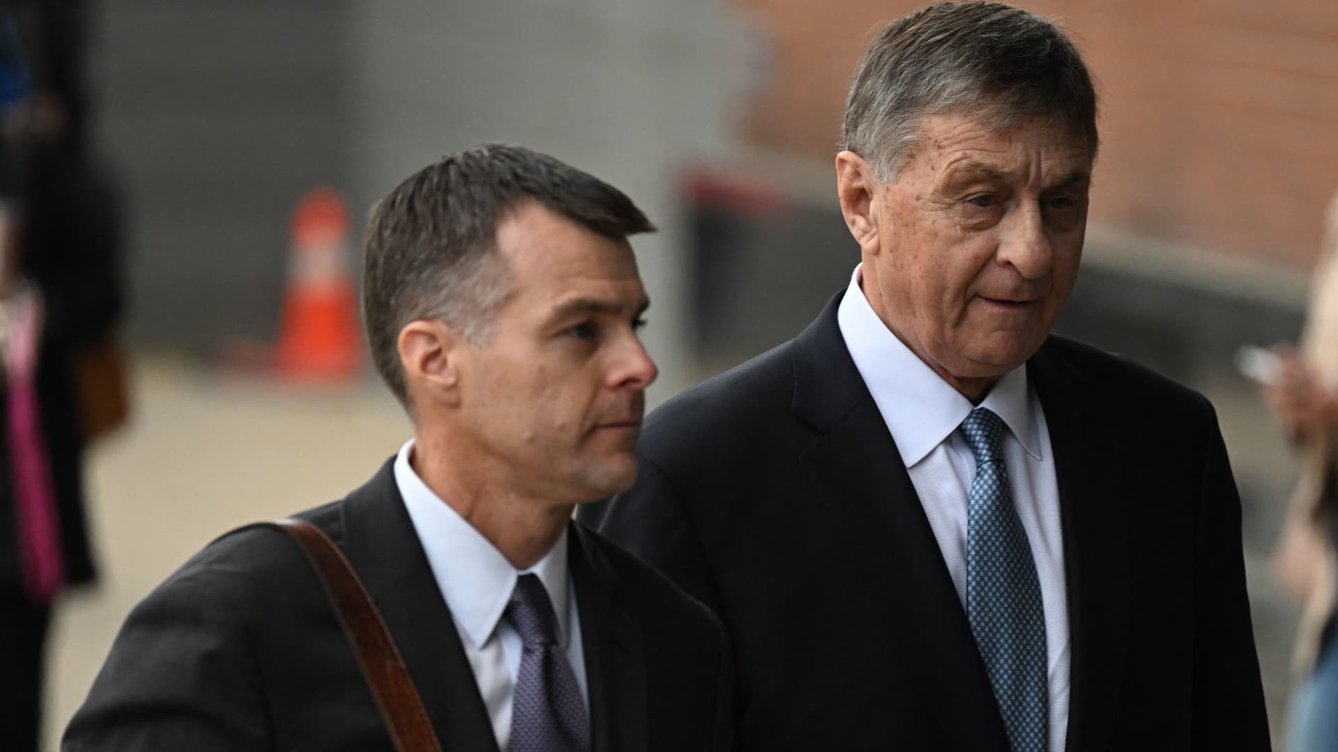 Dominion lawyers Michael Farnan (L) and Rodney Smolla enter the Leonard Williams Justice Center where the Dominion Voting Systems defamation trial against FOX News is taking place on April 18, 2023 in Wilmington, Delaware.