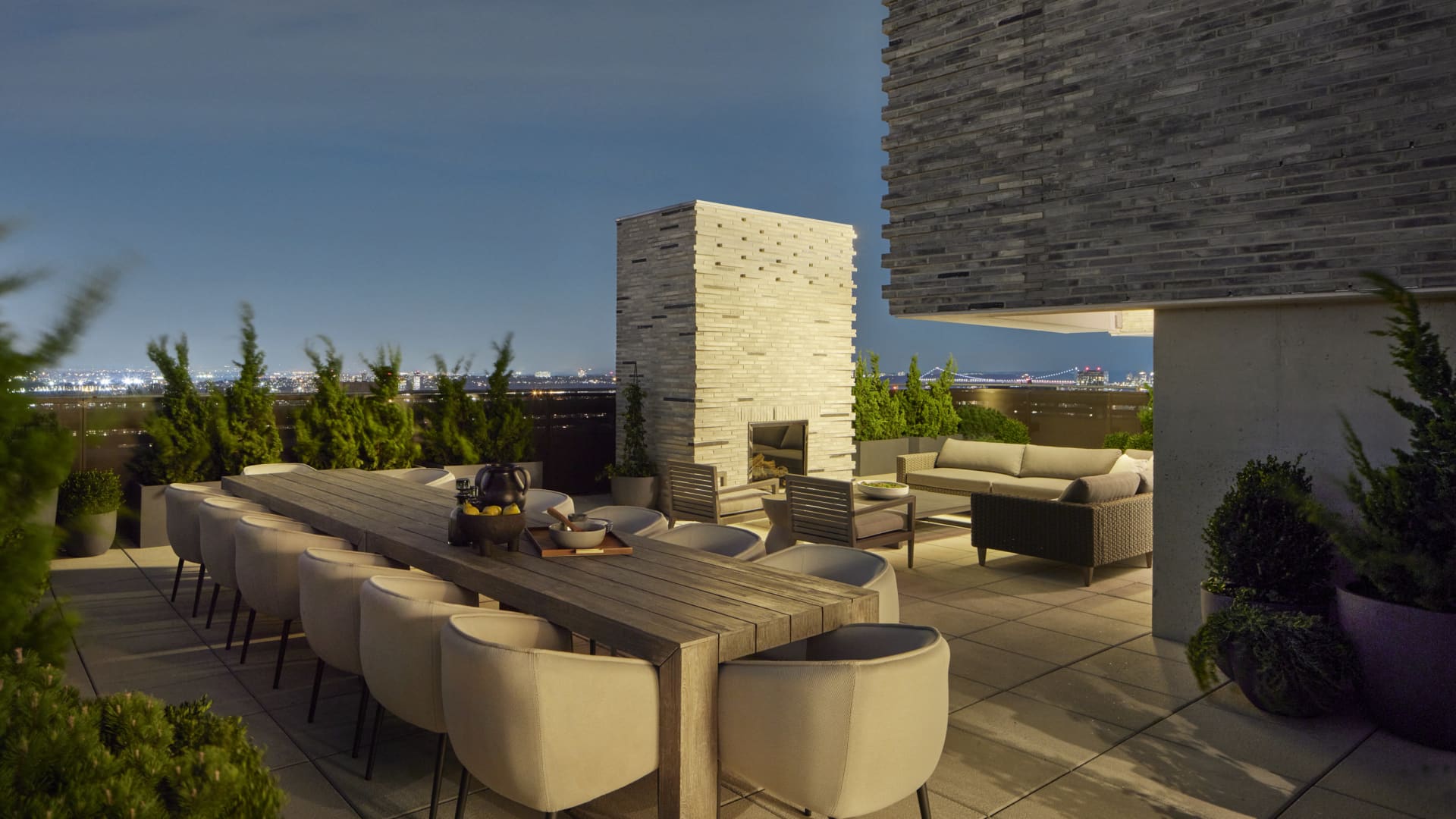 The private roof terrace is over 2100 square feet and has views of New York City in all directions.