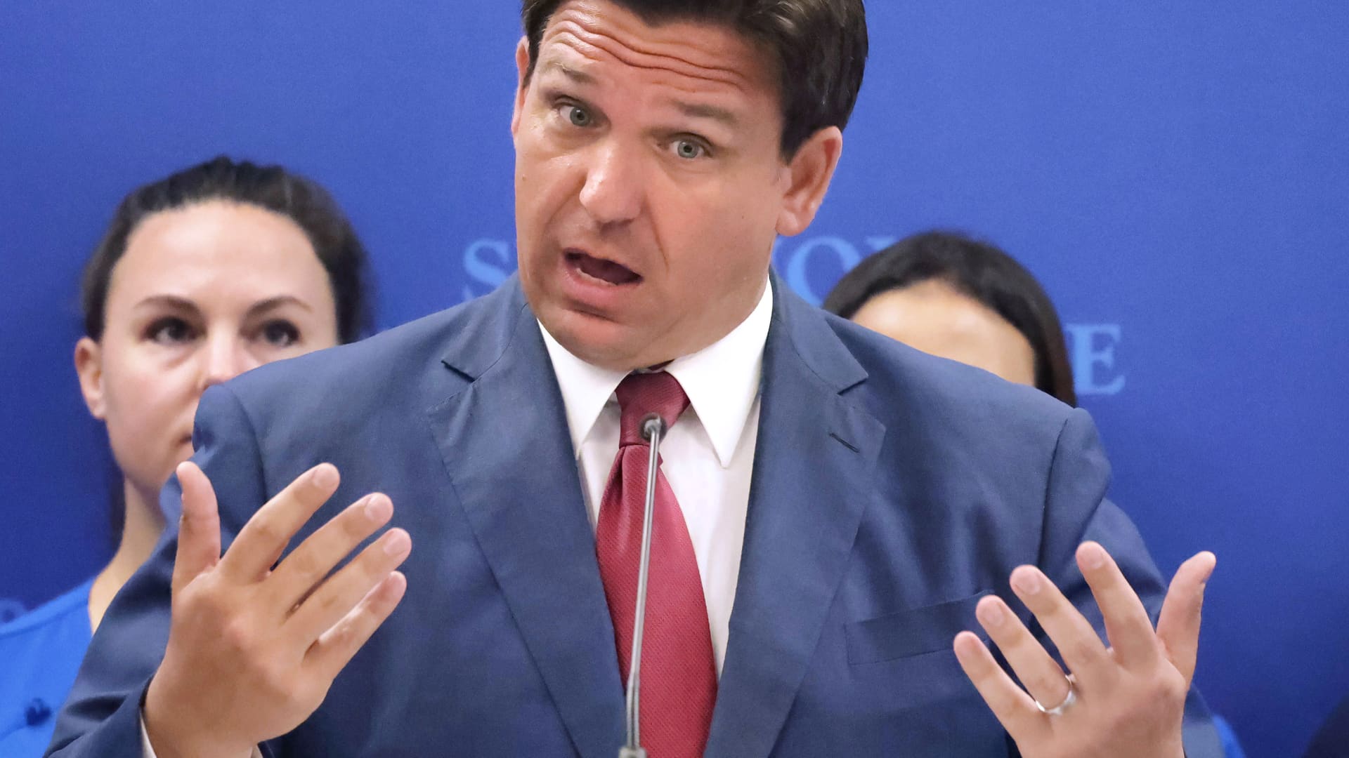 Florida Gov. Ron DeSantis answers questions during a press conference at Seminole State College in Sanford, Florida, Monday, May 16, 2022.