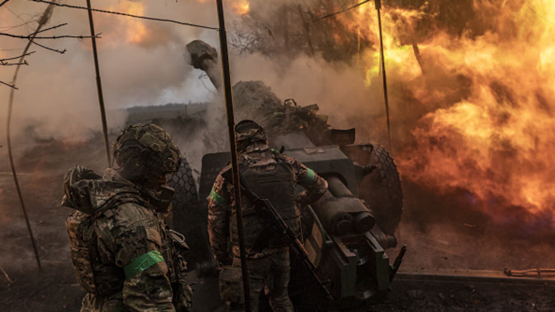 Ukrainian soldiers of the 80th brigade firing artillery in the direction of Bakhmut as the Russia-Ukraine war continues in Donetsk Oblast, Ukraine on April 13, 2023.