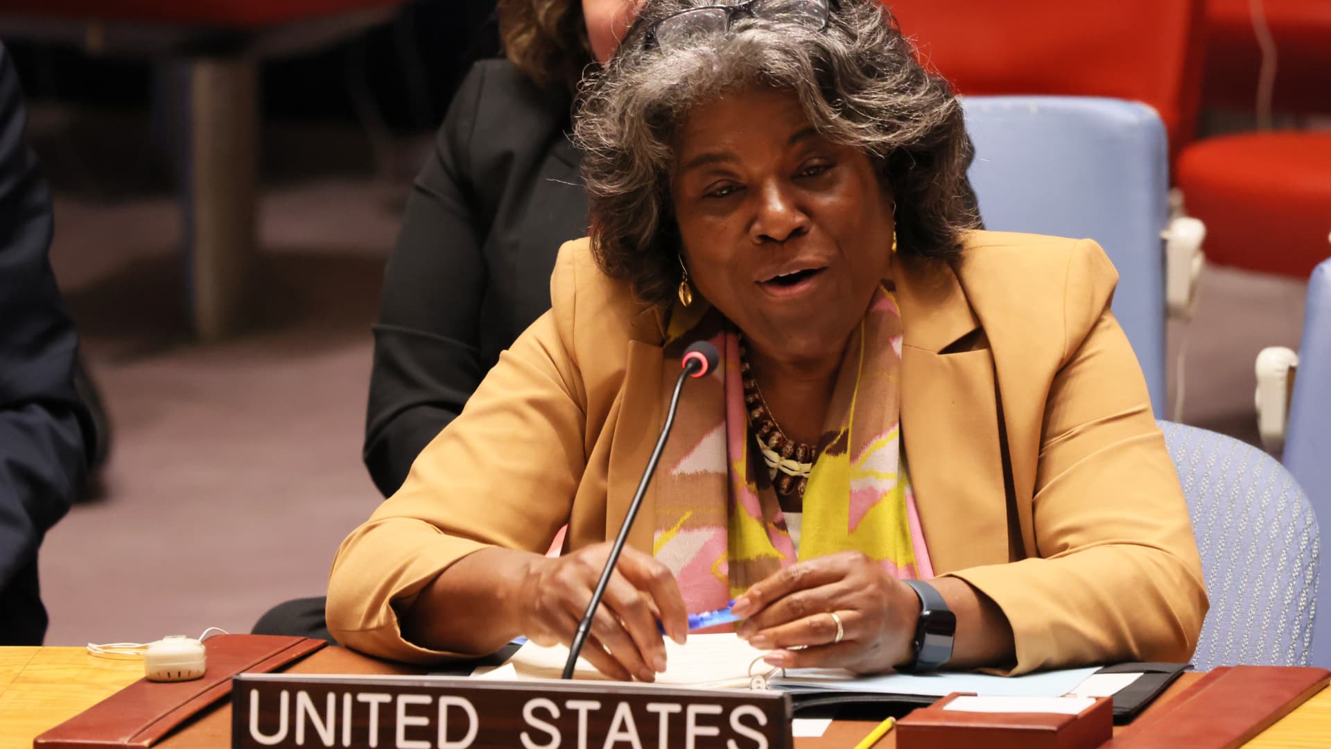U.S. Representative to the United Nations Ambassador Linda Thomas-Greenfield speaks during a UN Security Council meeting on North Korea at the United Nations headquarters on April 17, 2023 in New York City.