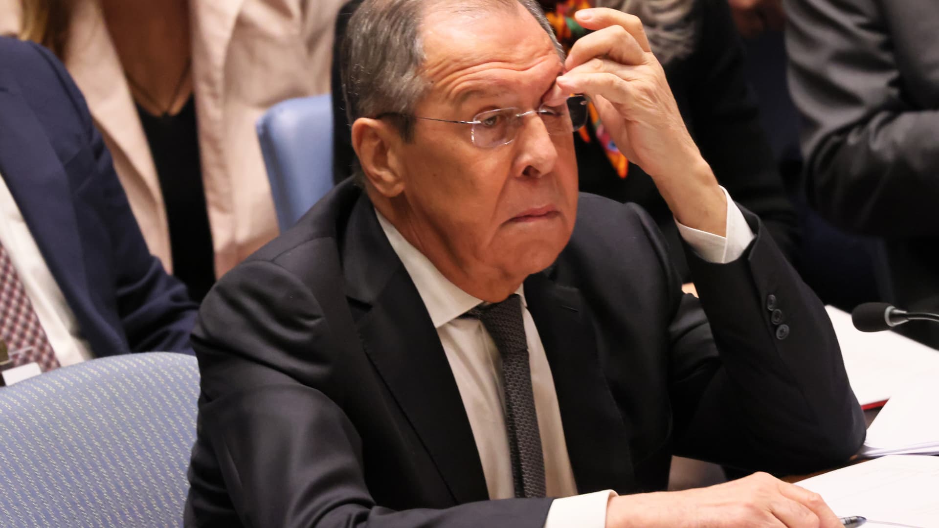 Russian Foreign Minister Sergey Lavrov at a Security Council meeting at the United Nations headquarters on April 24, 2023, in New York City.