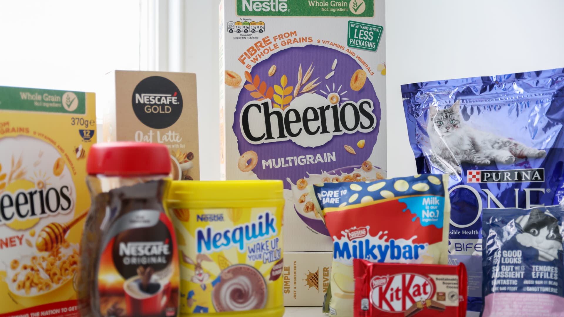 Cheerios, Nescafe, Nesquik, KitKat, Milkybar and Purina products, manufactured by Nestle SA, arranged in London, U.K., on Monday, July 26, 2021.