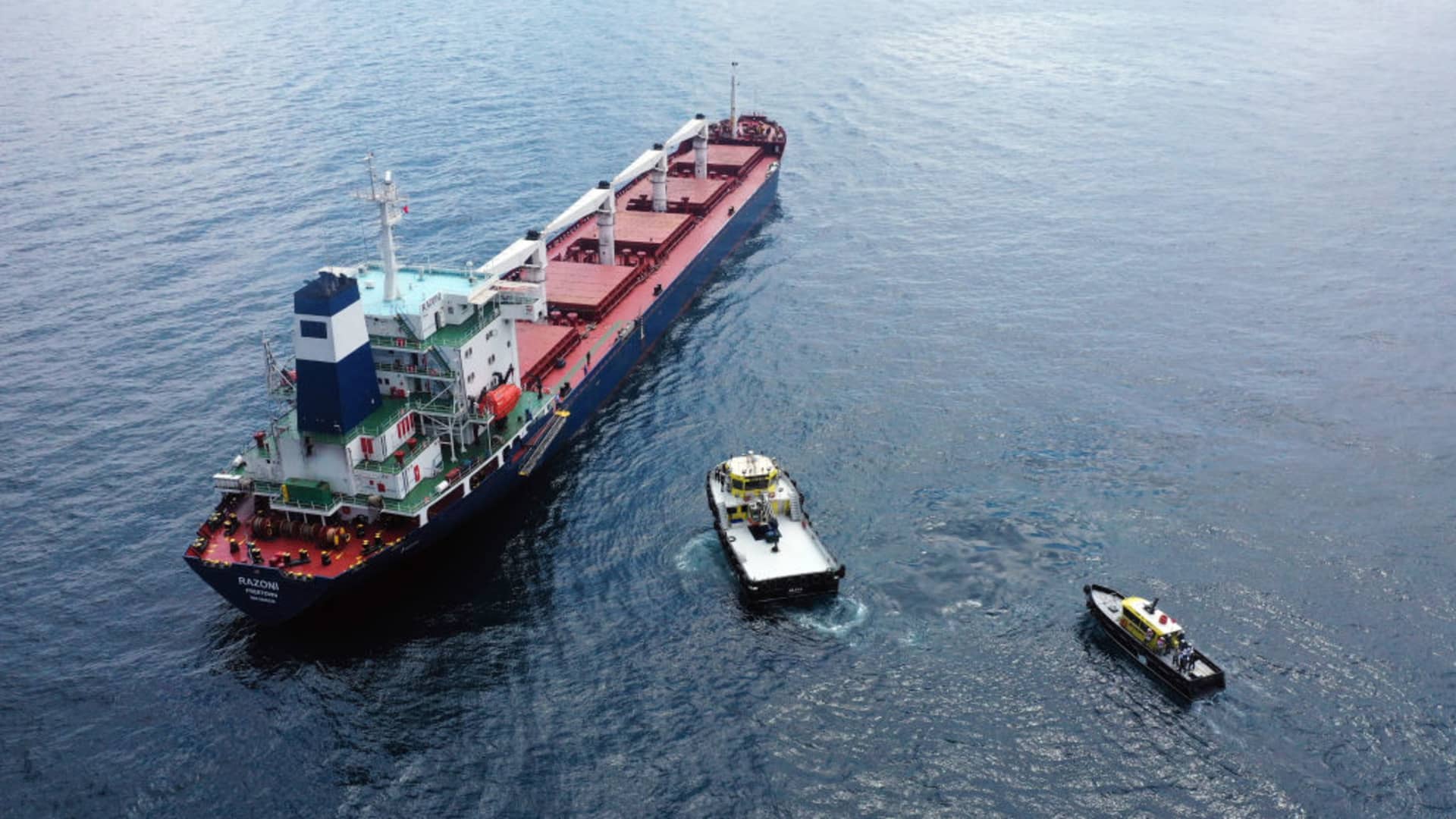 An aerial view of a dry cargo ship transporting grain from Ukraine under the U.N.-brokered Black Sea deal.