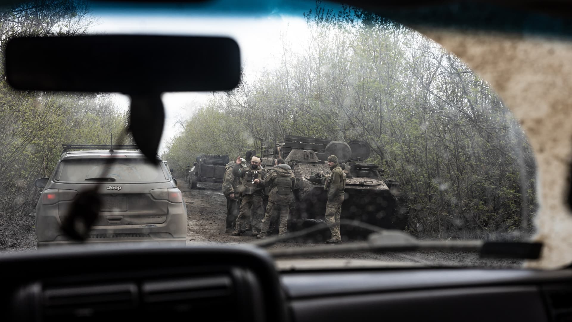 Ukrainian soldiers on a road in the direction of Bakhmut, Ukraine, on April 24, 2023.