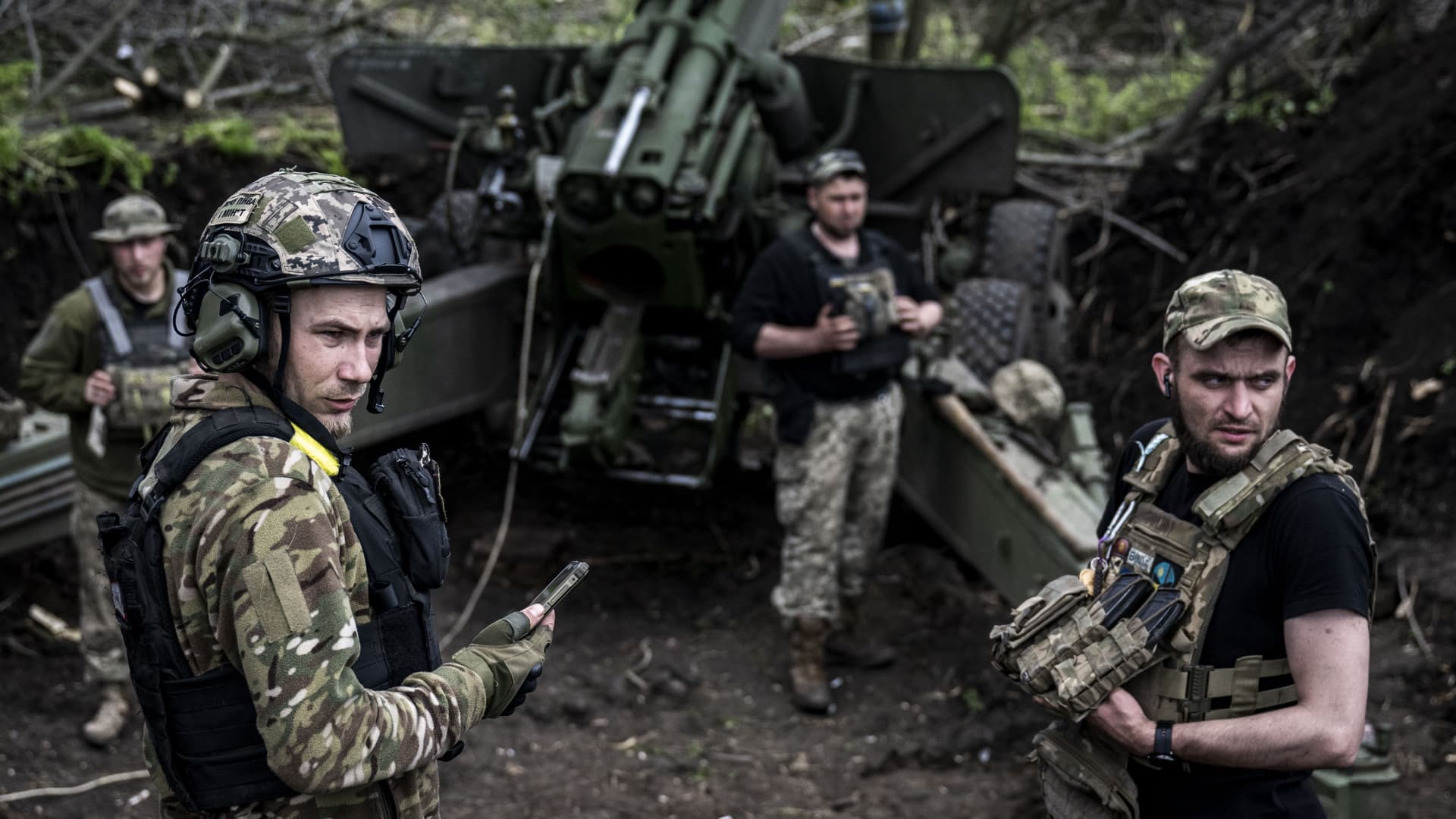 Ukrainian soldiers at their artillery position on the Donetsk front line as the Russia-Ukraine war continues in Donetsk Oblast, Ukraine, on April 24, 2023.