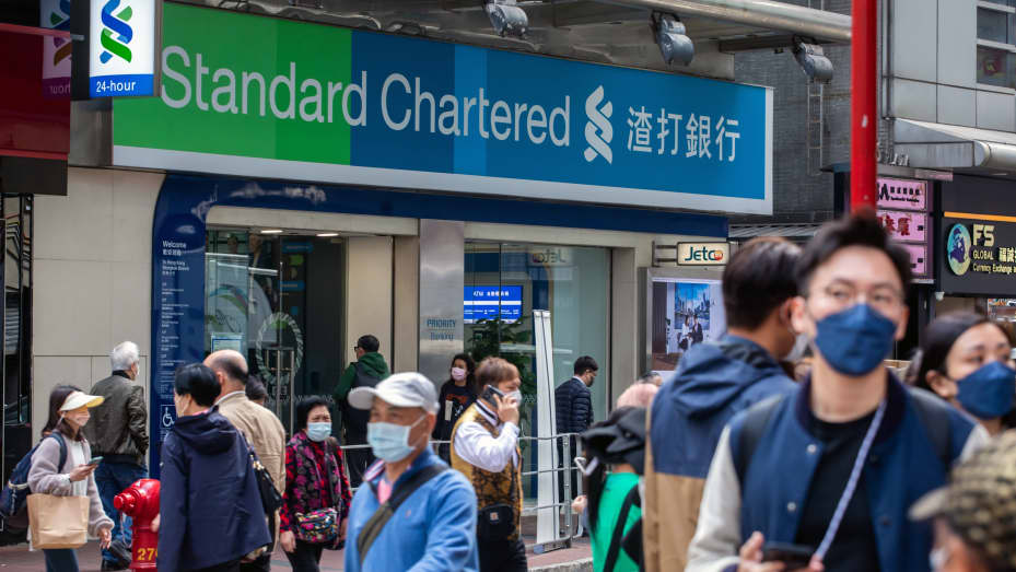 A Standard Chartered bank branch in Hong Kong on Feb. 14, 2023. The bank earns most of its revenue in Asia.