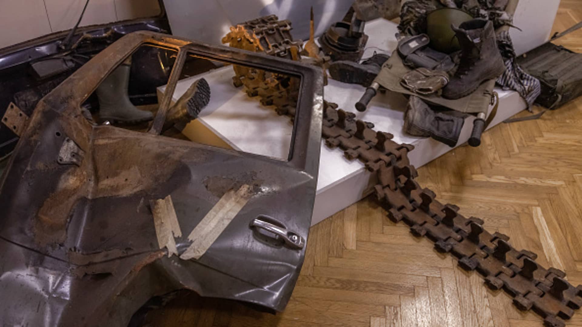 Exhibited parts of military vehicles and items of the Russian army on April 26, 2023 at the National Museum of the History of Ukraine in Kyiv, Ukraine.