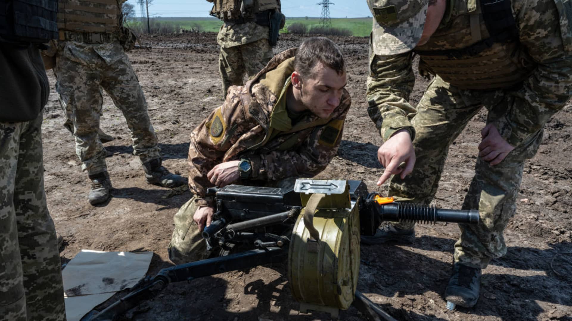 Ukrainian soldiers from the 28th Brigade practice using Soviet-made AGS-17 automatic grenade launchers, as Ukrainian Armed Forces units train for a critical and imminent spring counteroffensive against Russian troops, which invaded 14 months earlier, in the Donbas region, Ukraine, on April 26, 2023.