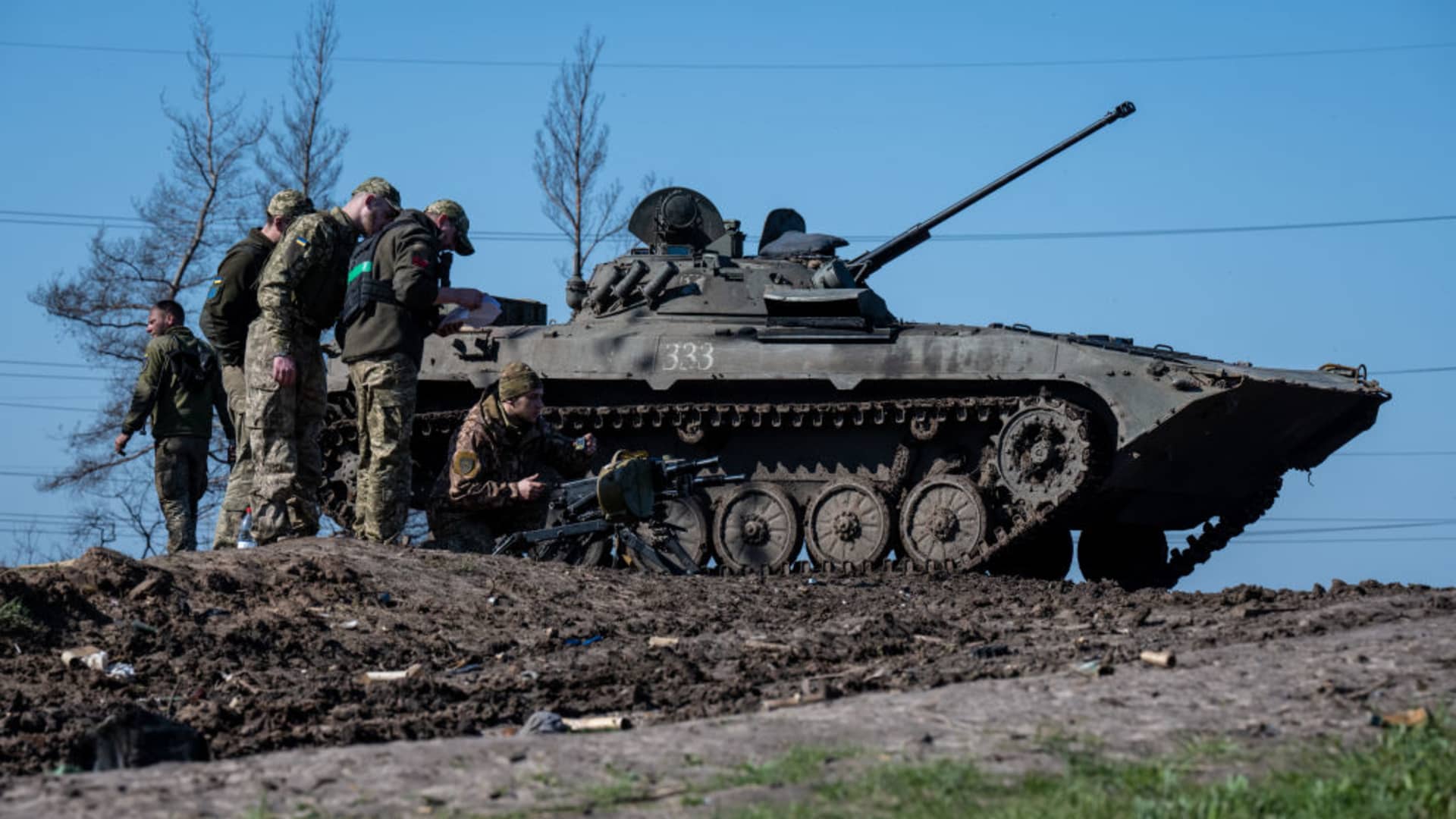 Ukrainian armored vehicles maneuver and fire their 30mm guns, as Ukrainian Armed Forces brigades train for a critical and imminent spring counteroffensive against Russian troops, which invaded 14 months earlier, in the Donbas region, Ukraine, on April 26, 2023.