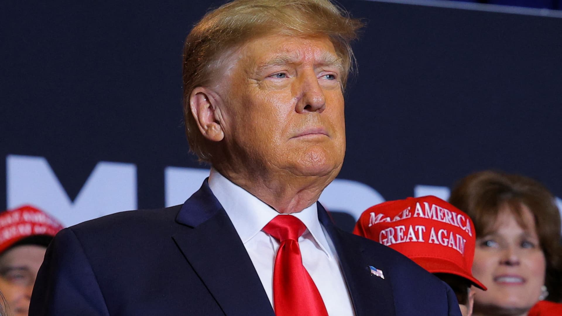 Former U.S. President and Republican presidential candidate Donald Trump speaks at a campaign event in Manchester, New Hampshire, U.S., April 27, 2023. 