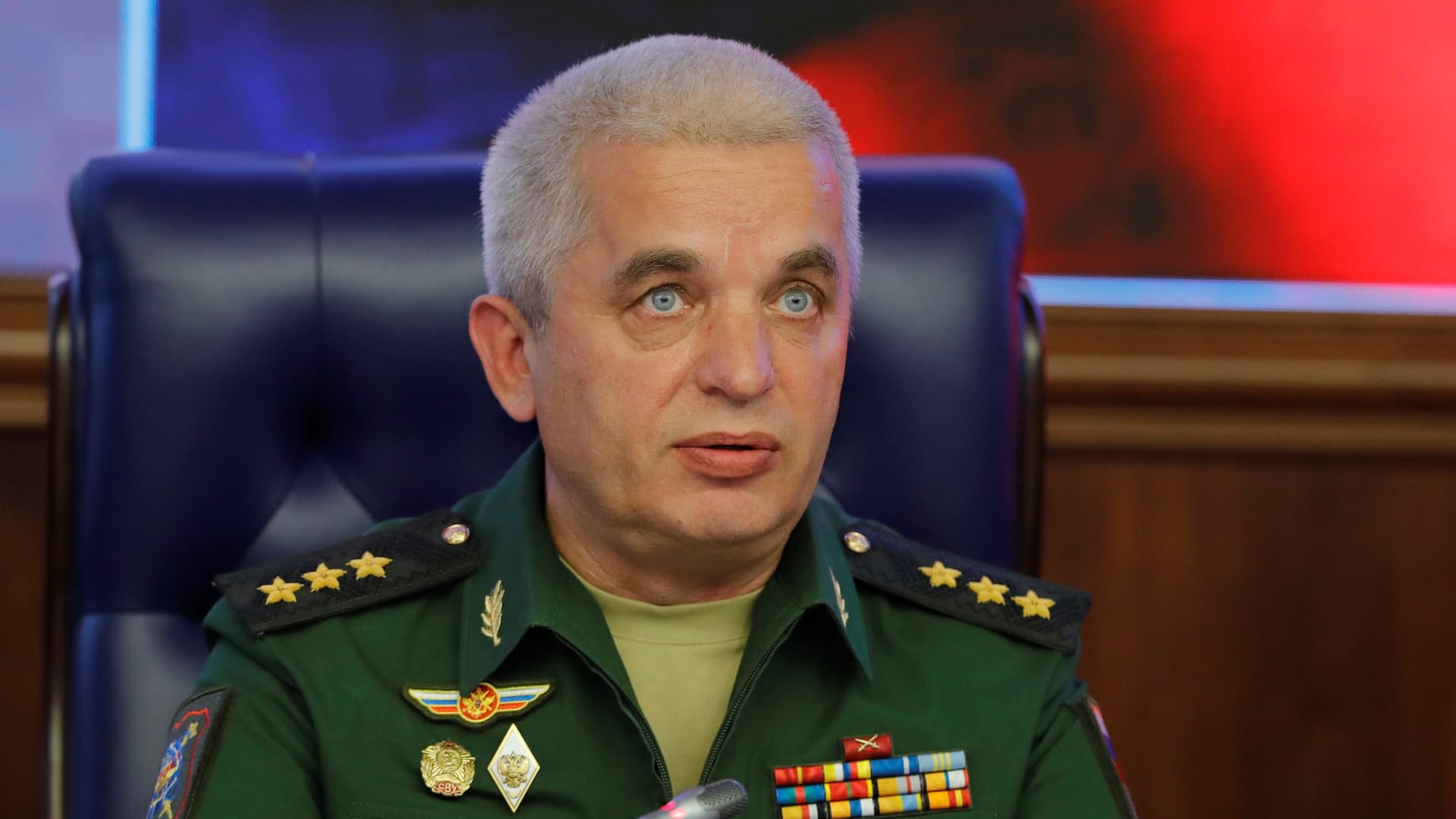 Chief of the National Centre for State Defense Control Colonel-General Mikhail Mizintsev speaks during working meeting of the Interdepartmental Coordination Unit of the Ministry of Defense and the Ministry of Foreign Affairs of Russia on the return of refugees to Syria at the Russian National Defense Management Center in Moscow Russia on July 20, 2018.