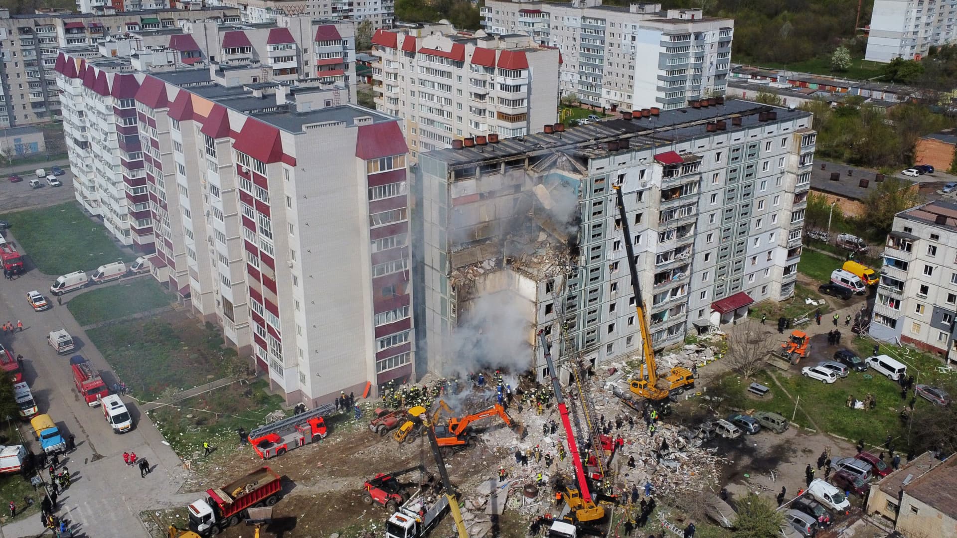 Aerial view of a destroyed residential building after missile hit on April 28, 2023 in Uman, Ukraine. 