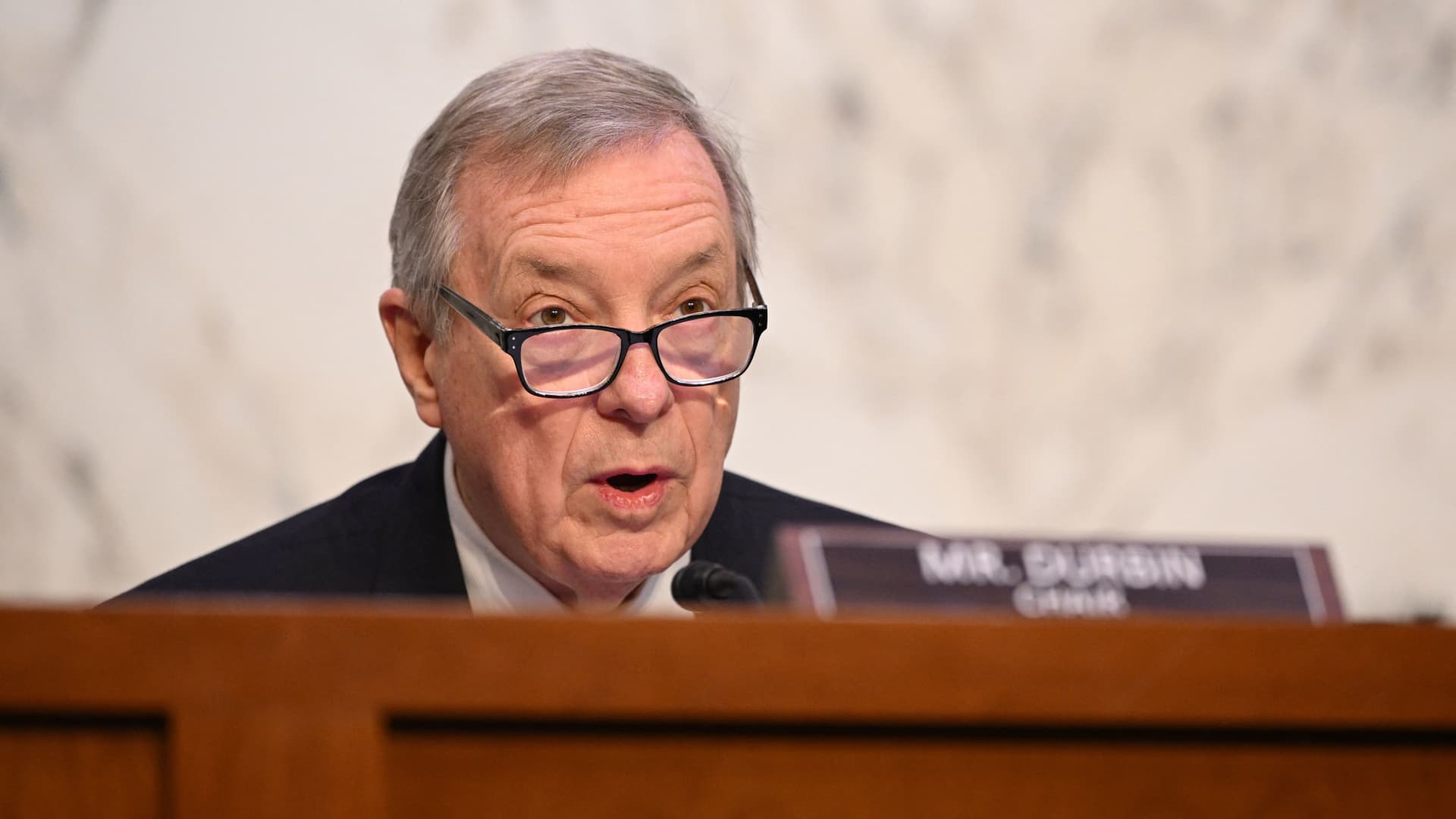 Chairman Dick Durbin (D-IL) speaks during a US Senate Judiciary Committee hearing regarding Supreme Court ethics reform, on Capitol Hill in Washington, DC, on May 2, 2023.