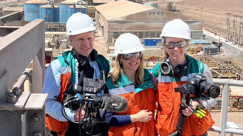 From left, CNBC producers Shawn Baldwin, Jeniece Pettitt and Katie Brigham onsite at Albemarle's La Negra lithium processing plant near Antofagasta, Chile.