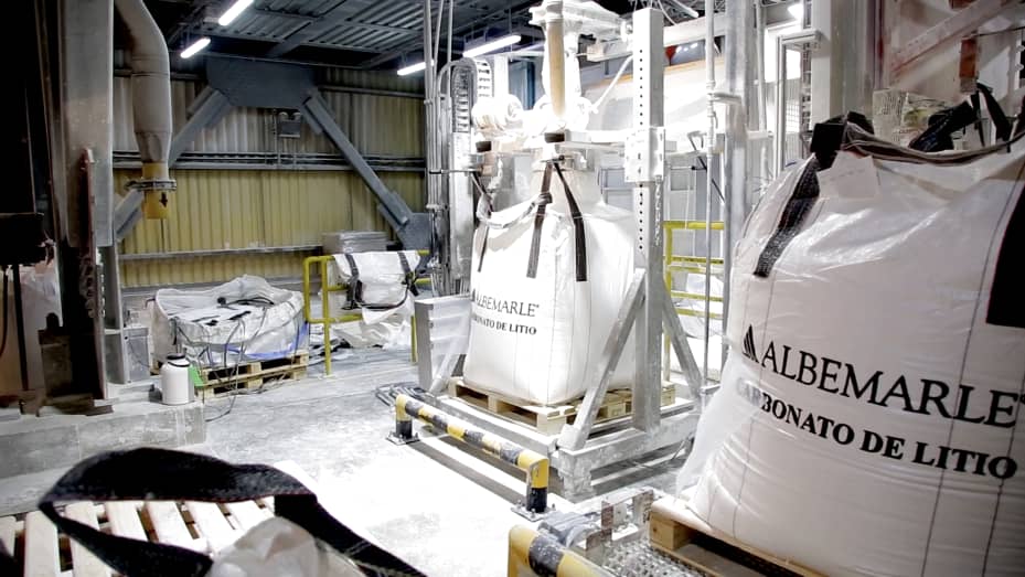 Bags of battery-grade lithium carbonate at La Negra, Albemarle's lithium processing plant near Antofagasta, Chile.
