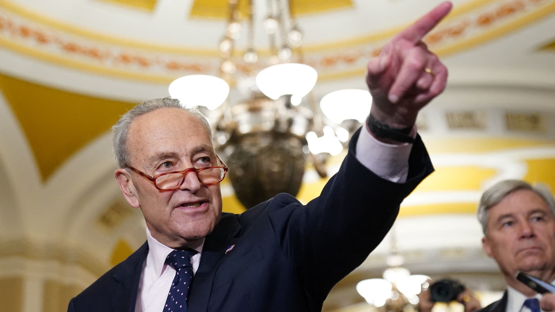 U.S. Senate Majority Leader Chuck Schumer (D-NY) fields a question from a reporter at the U.S. Capitol in Washington, U.S., May 2, 2023. 