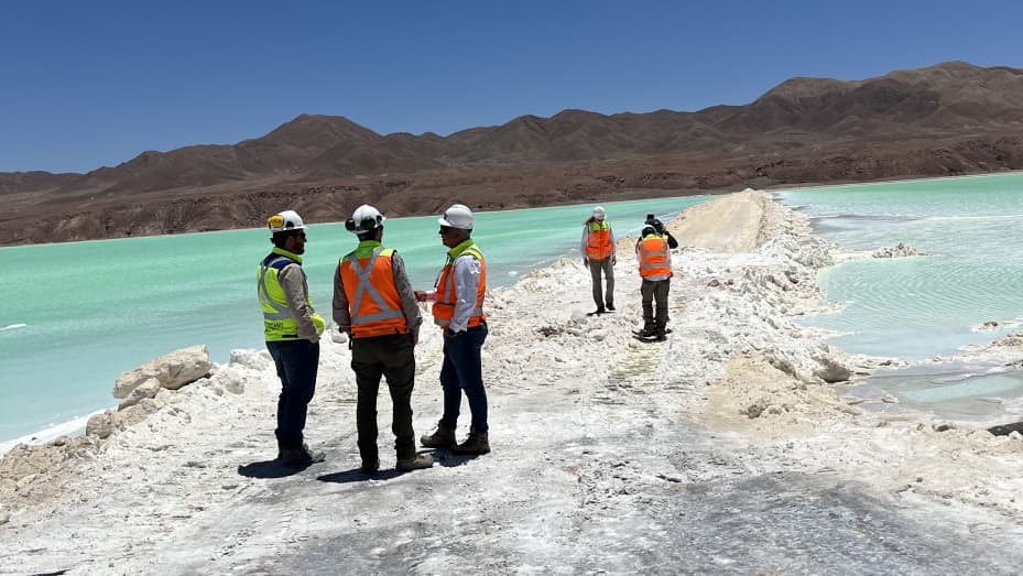 Workers at Albemarle's lithium brine mining plant in the Salar de Atacama in northern Chile.