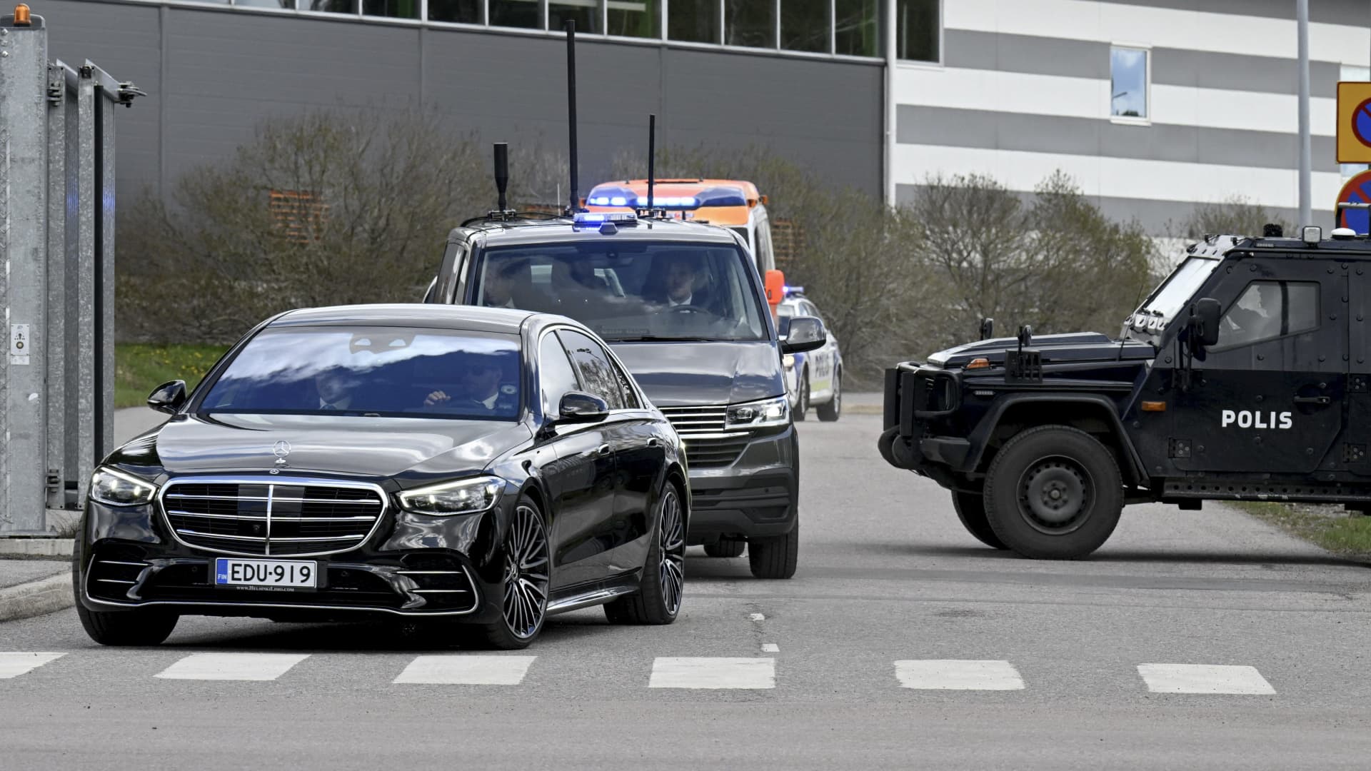The motorcade with Ukrainian President Volodymyr Zelenskyy leaves the Helsinki-Vantaa airport in Vantaa, Finland on May 3, 2023. Zelenskyy will participate in a summit gathering the leaders of the five Nordic nations, the Finnish presidency announced.