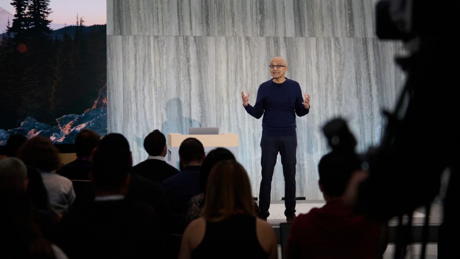 Microsoft CEO Satya Nadella speaks during an event at the company's headquarters in Redmond, Washington, on Feb. 7, 2023.